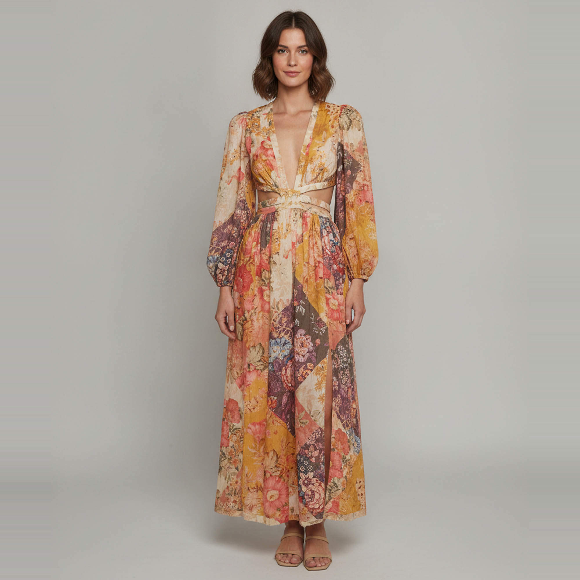 Pre Owned Zimmermann Multicolor Floral Print Cotton Cut Out Waist Tie Detail Dress M 