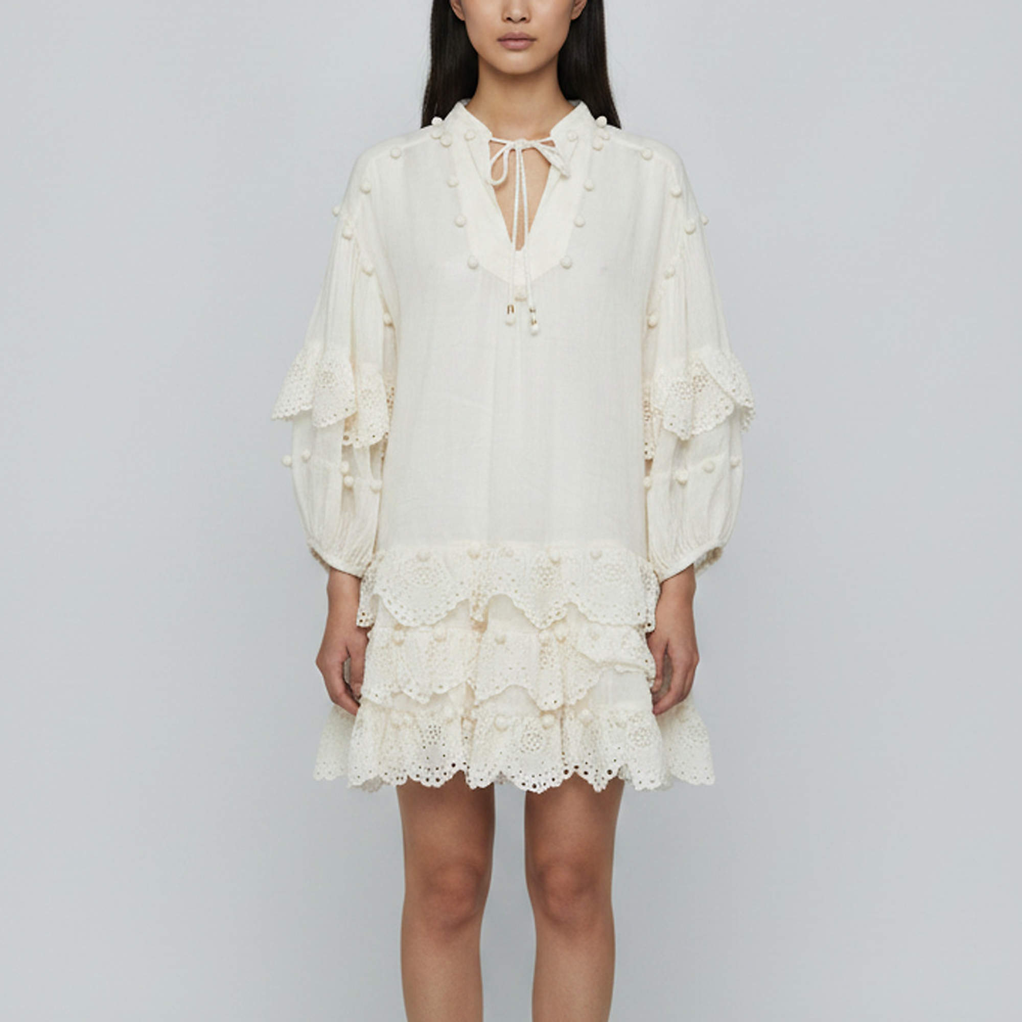 Pre Owned Zimmerman Cream Ramie Lyre Tiered Mini Dress S/M