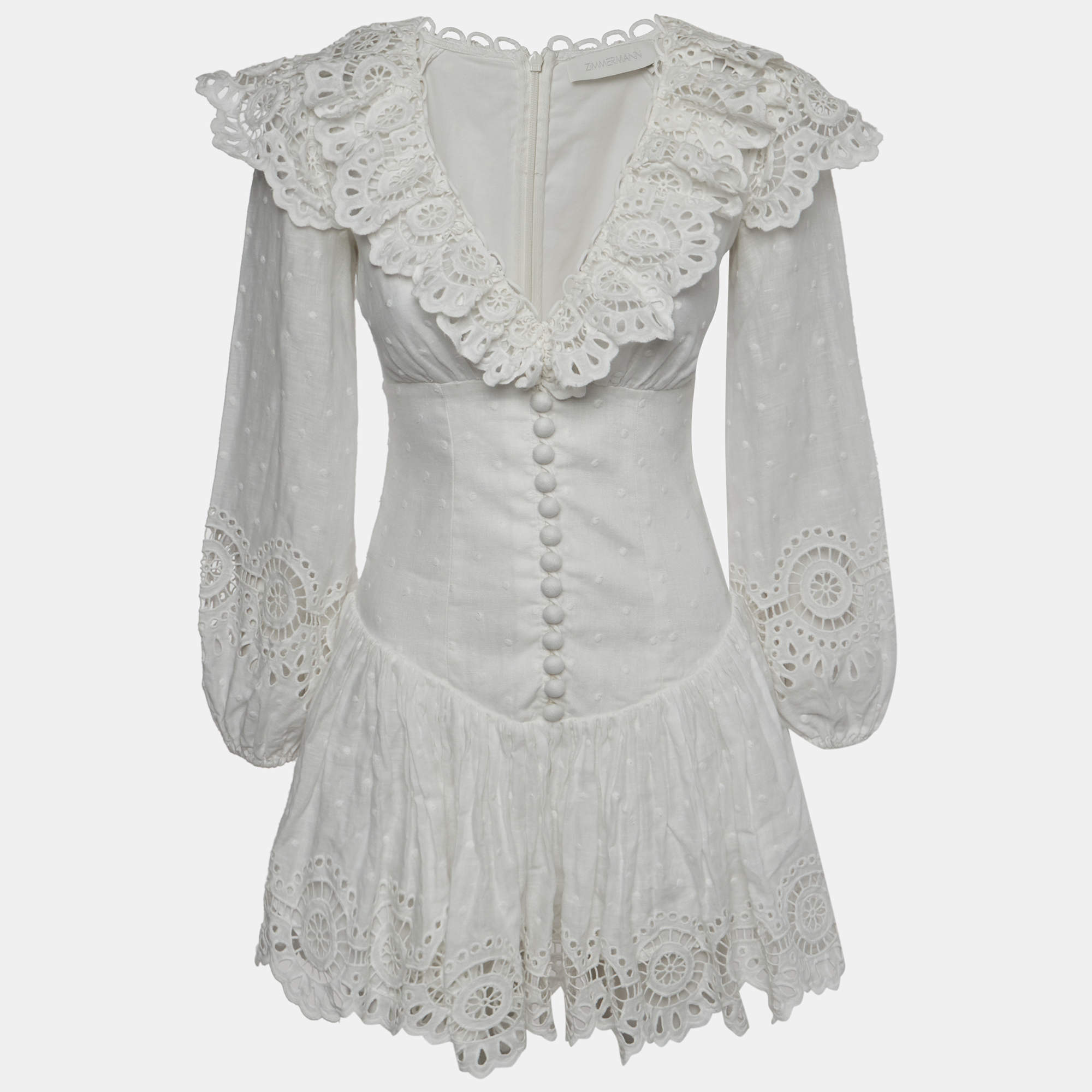 Pre Owned Zimmermann White Fil Coupe Linen Lace Trim Short Dress S