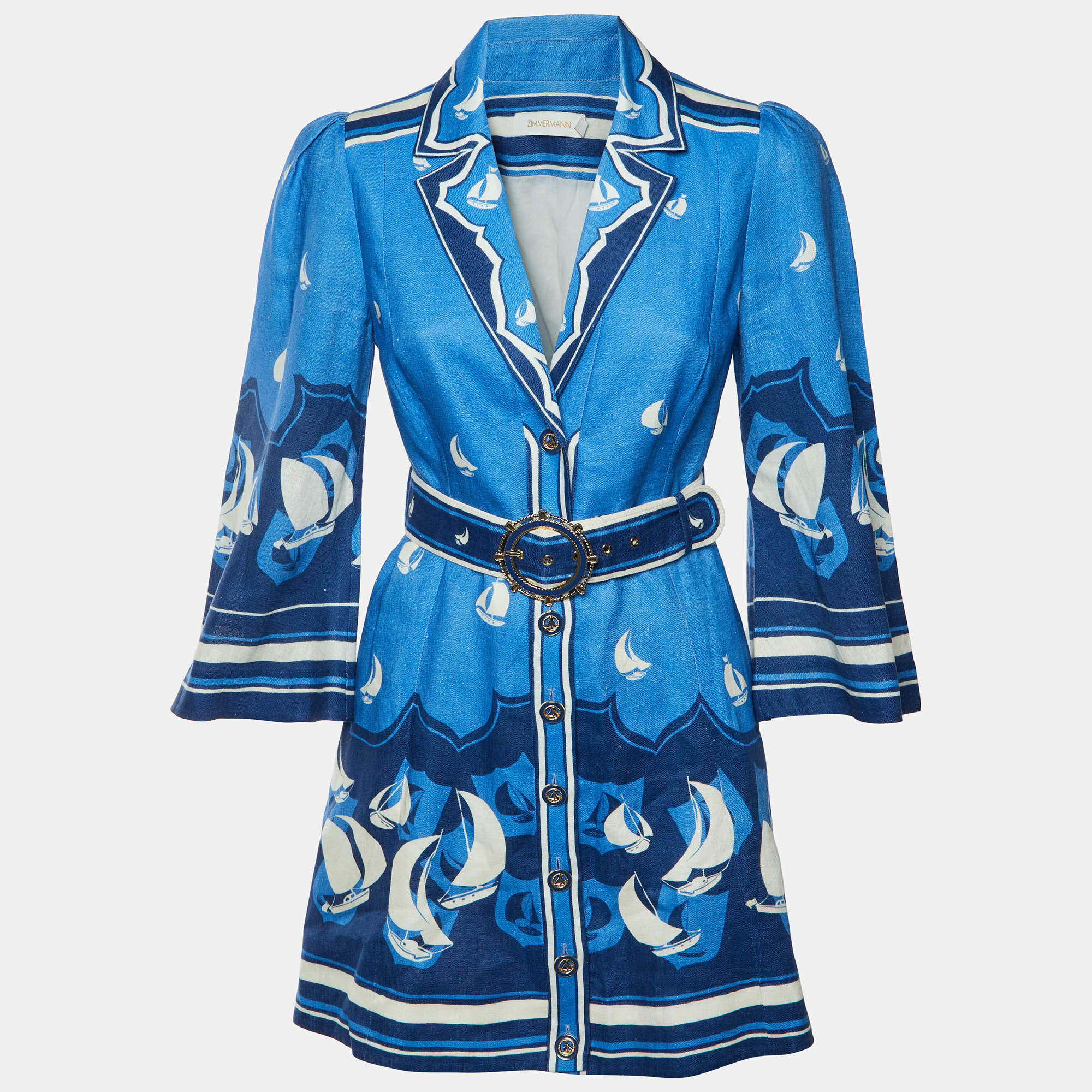 Pre Owned Zimmermann Blue Nautical Print Linen High Tide Mini Shirt Dress S/M