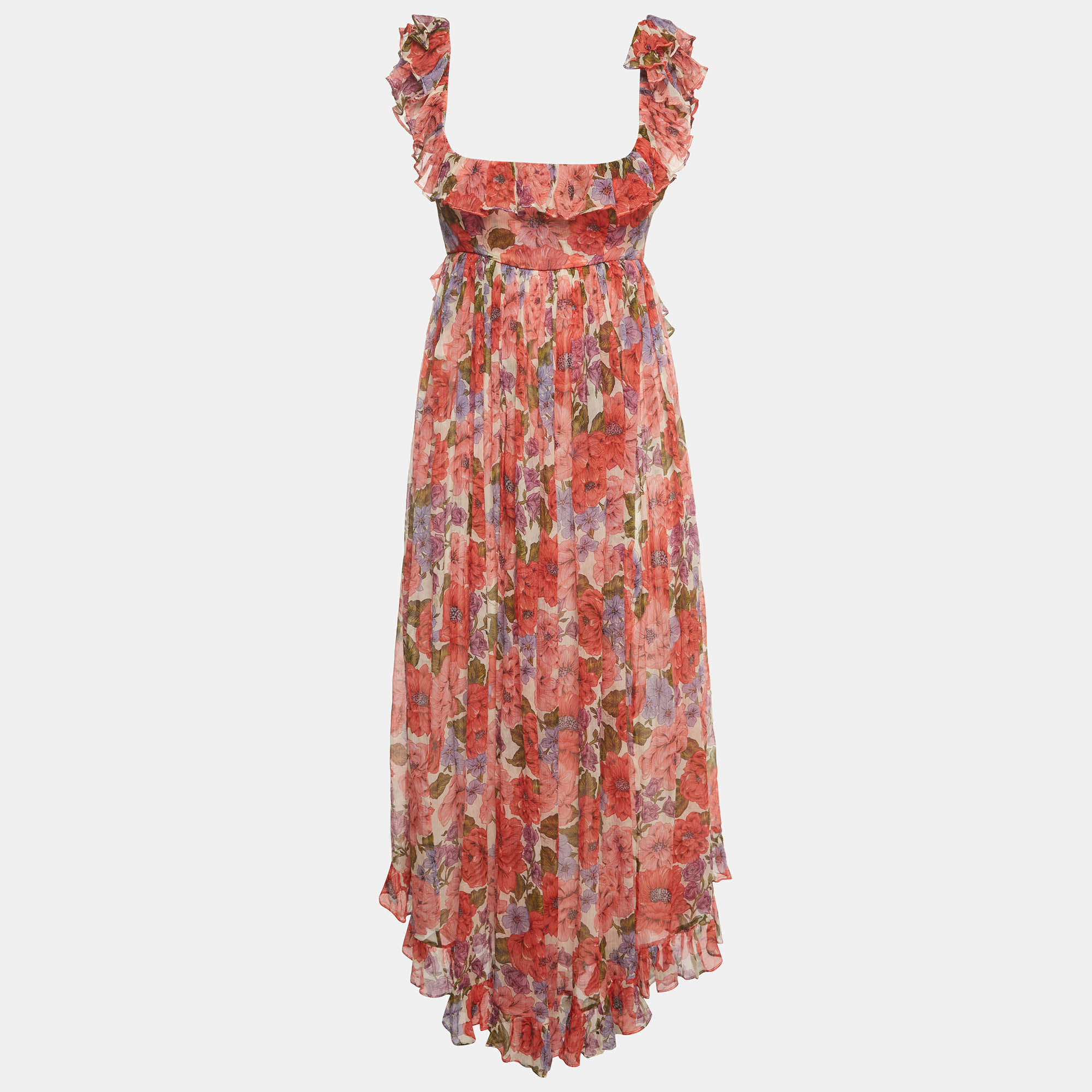 Pre Owned Zimmermann Multicolor Floral Print Chiffon Frill Edge Midi Dress M