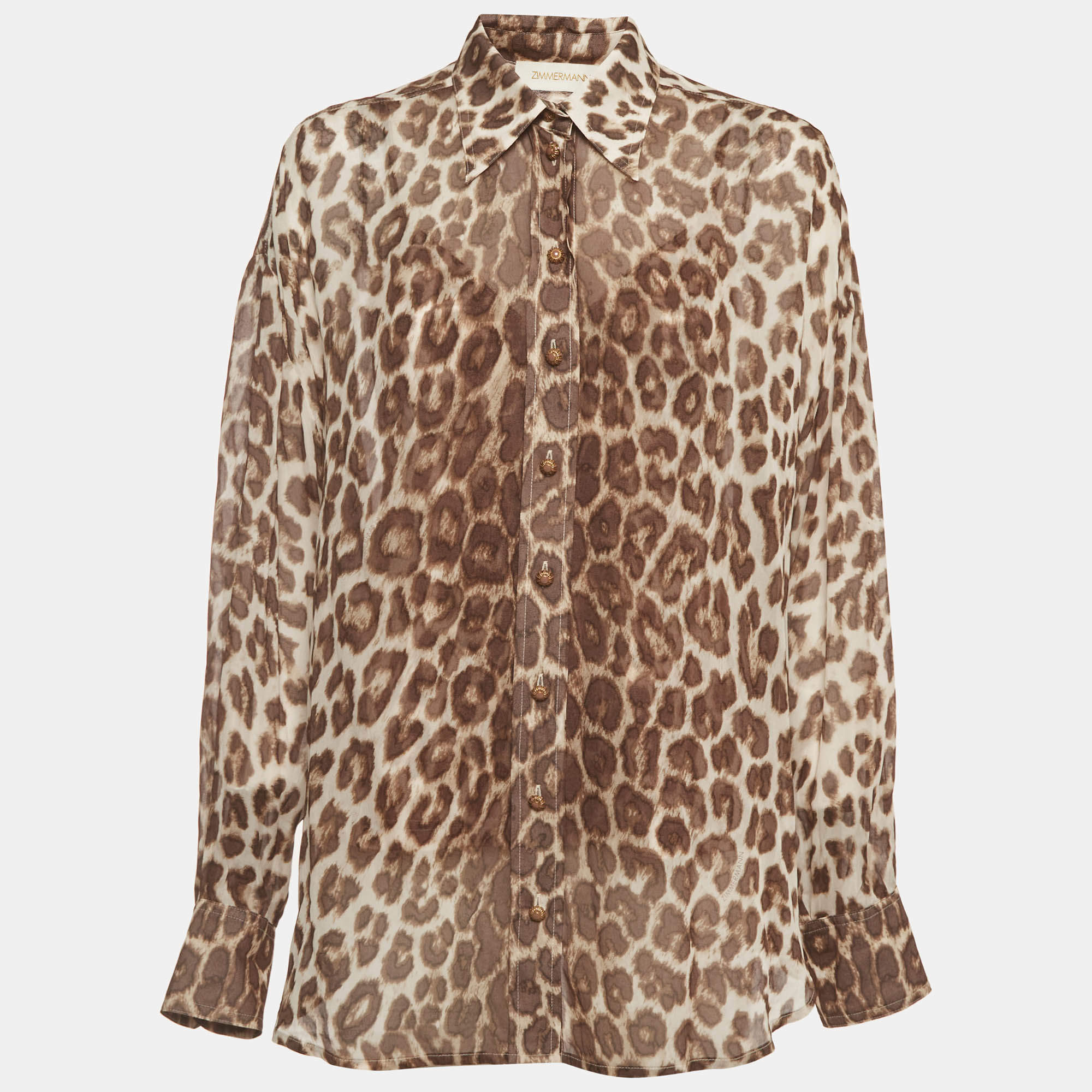 Pre Owned Zimmerman Brown Leopard Print Crepe Button Front Illustration Top M 