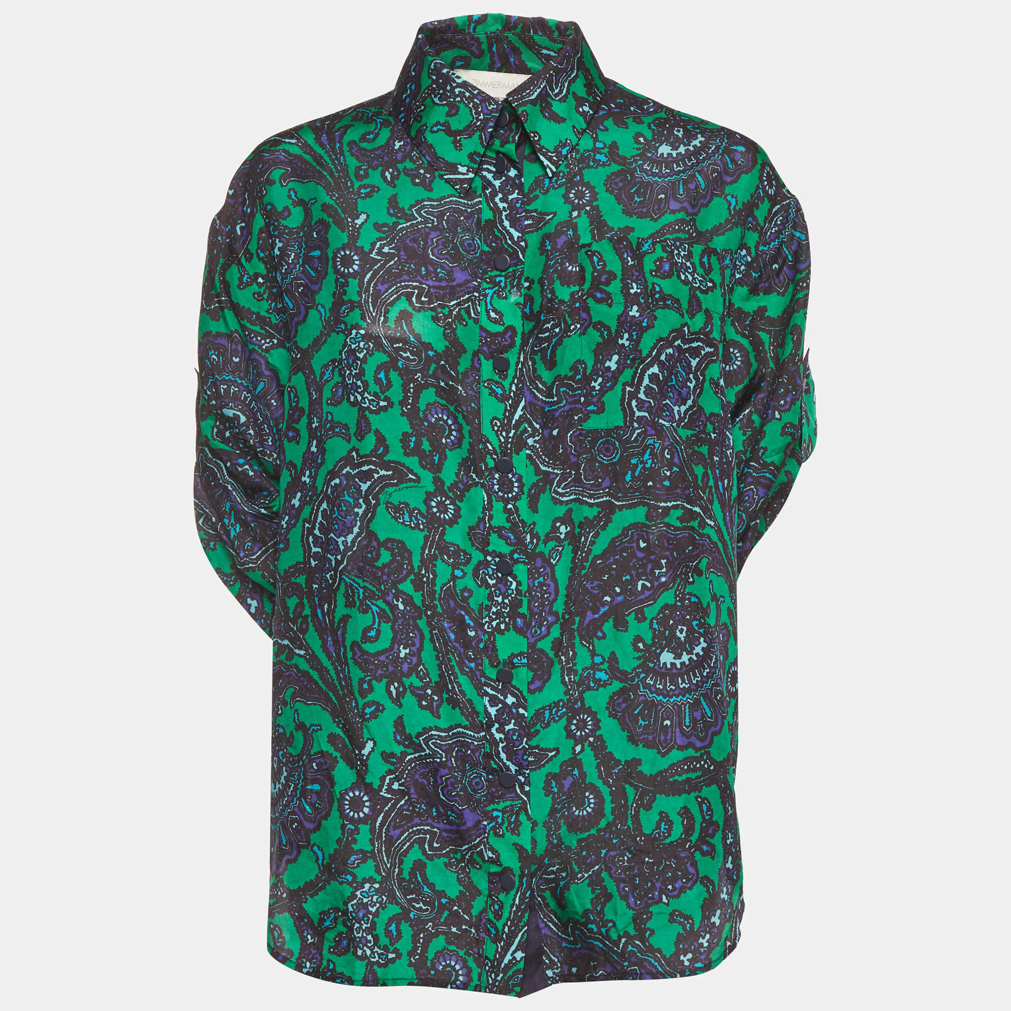 Pre Owned Zimmermann Green/Blue Paisley Print Silk Tiggy Shirt S