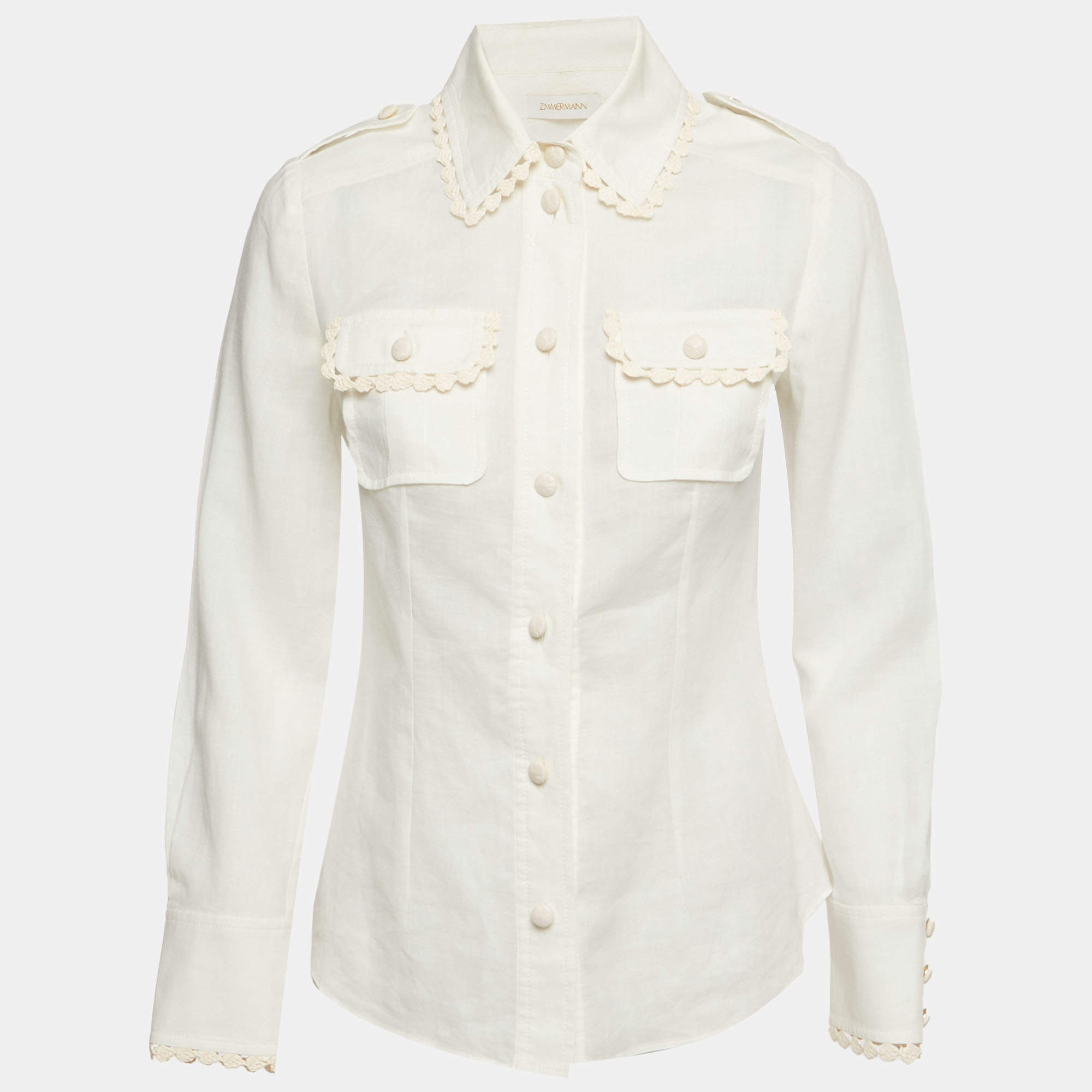 Pre Owned Zimmermann White Ramie Crochet Trim Button Down Blouse S