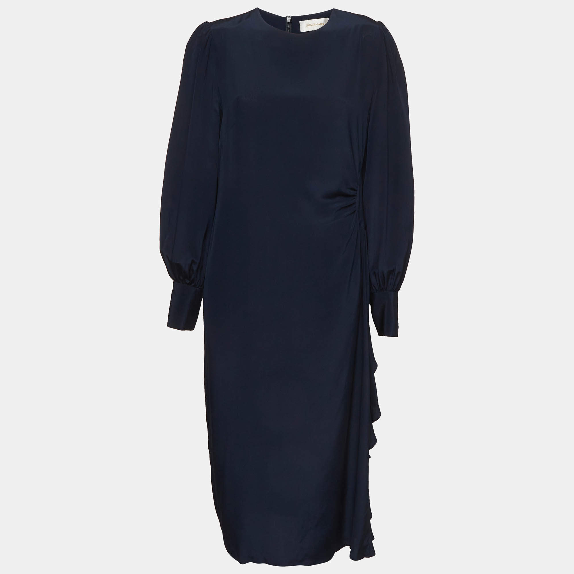 Pre Owned Zimmermann Navy Blue Crepe Bishop Sleeve Ruffle Mini Dress L 
