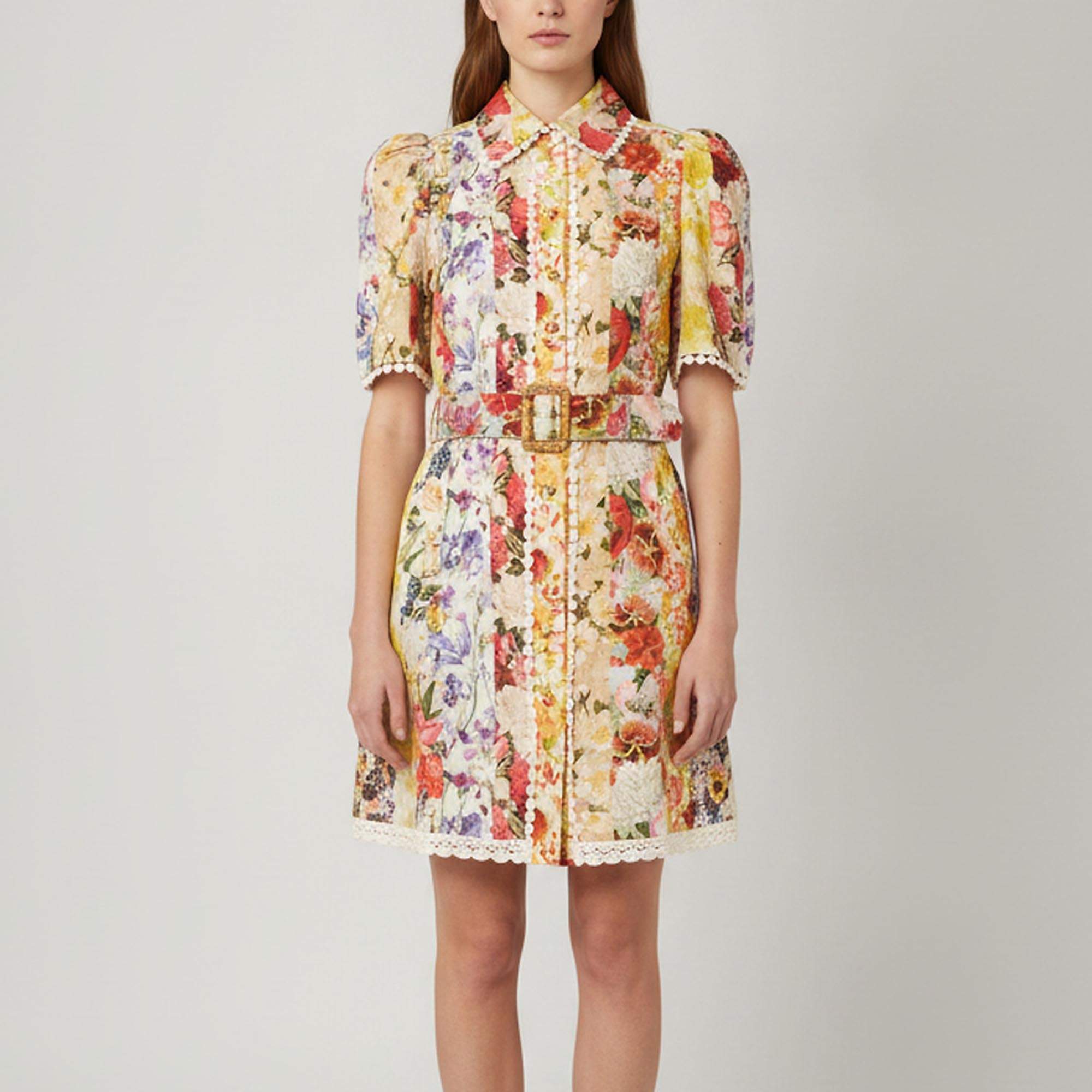 Pre Owned Zimmermann Multicolour Floral Print Linen Wonderland Crochet Trim Shirt Dress M