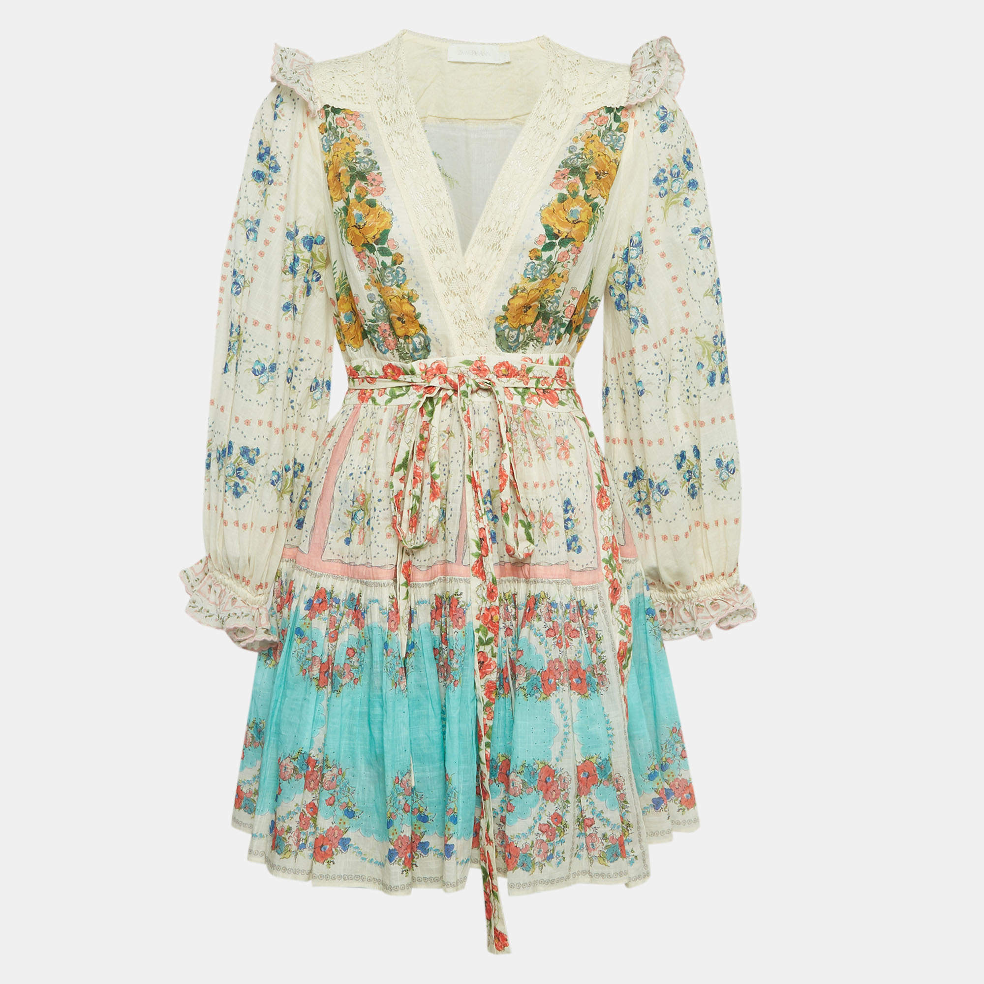 مملوكة مسبقًا Zimmermann Multicolour Floral Print Cotton Clover Patched Wrap Mini Dress L