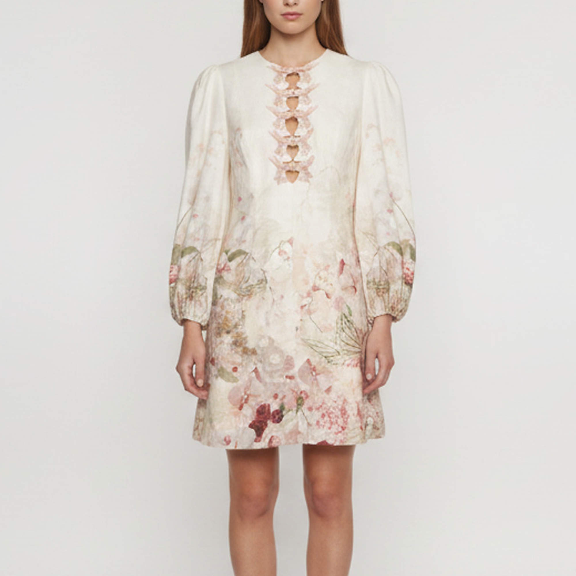 Pre Owned Zimmermann White Floral Hummingbird Print Linen Mini Dress M