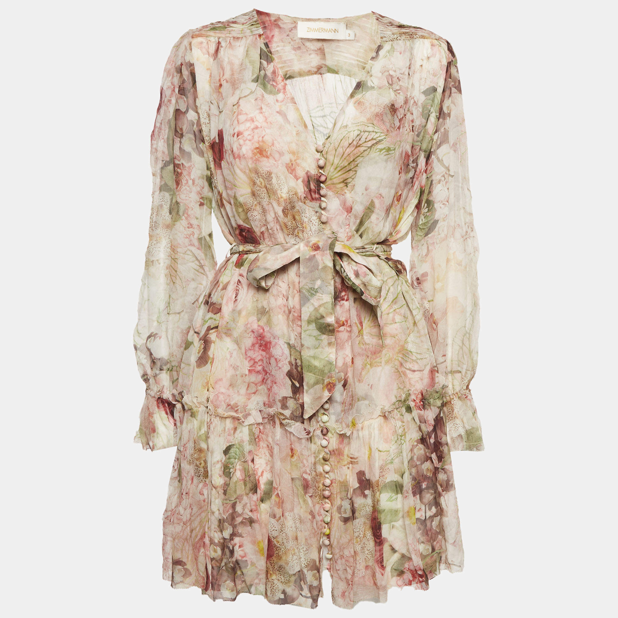 Pre Owned Zimmermann Pink Floral Print Silk Chiffon Belted Mini Dress L
