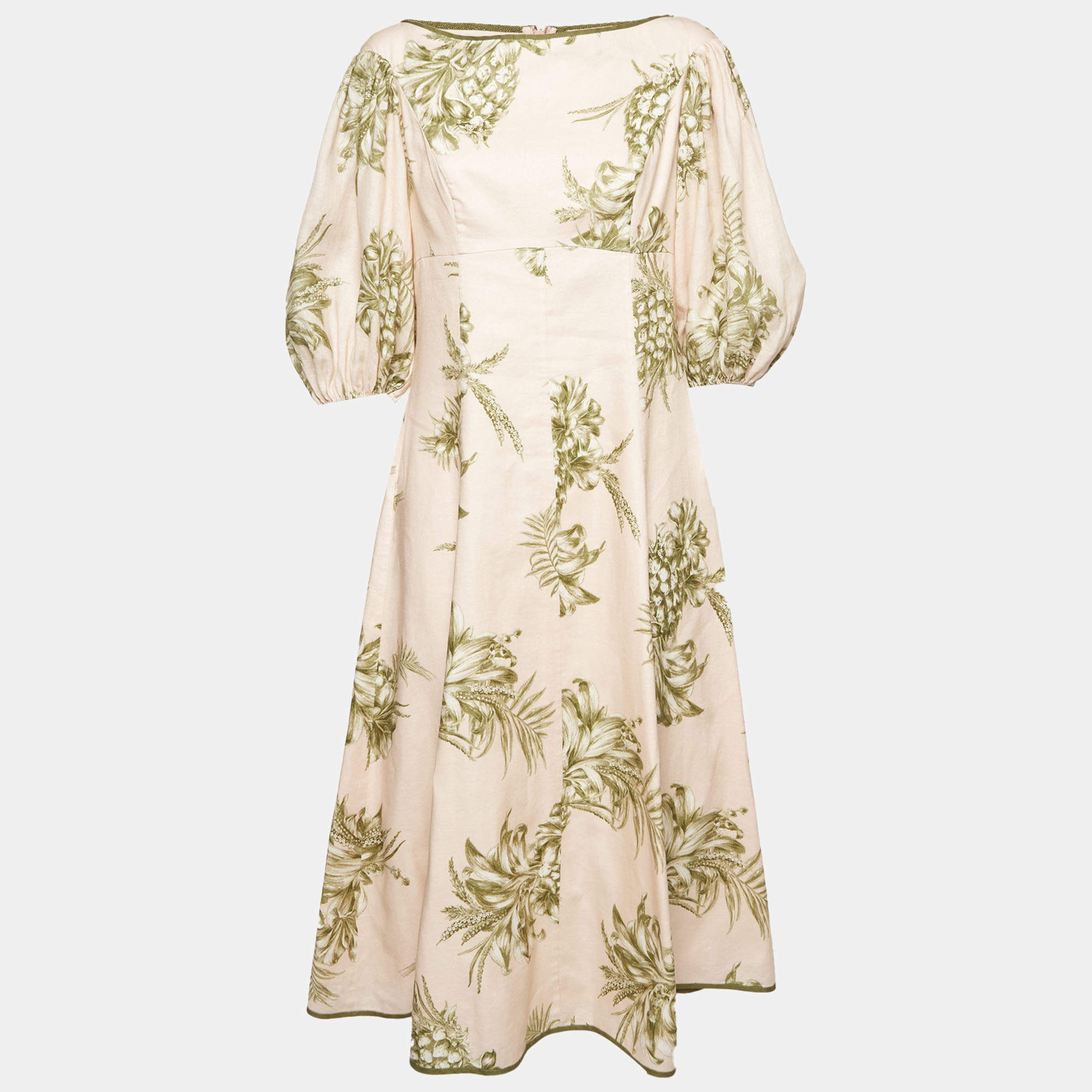 Pre Owned Zimmermann Pink Pineapple Print Linen Boatneck Midi Dress M