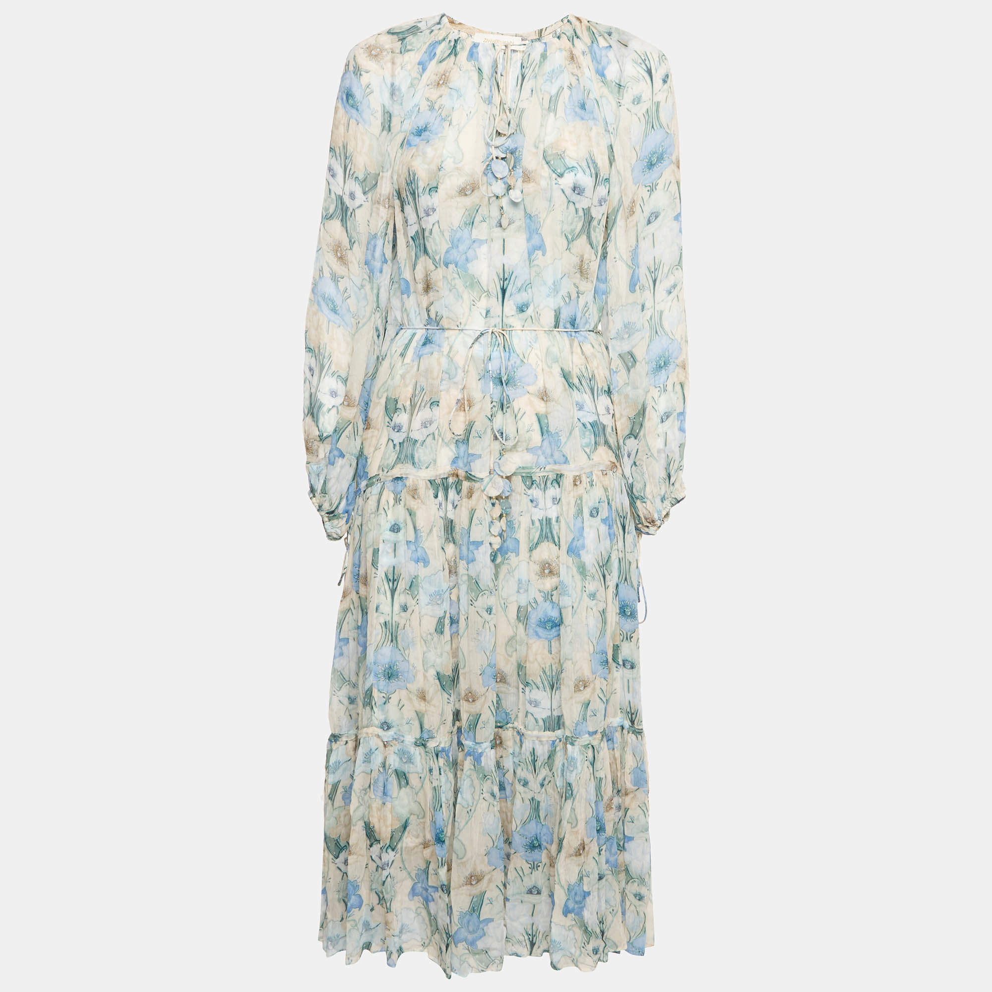 Pre Owned Zimmermann Blue Chiffon Neck Tie Detail Rhythm Lantern Drawn Midi Dress S