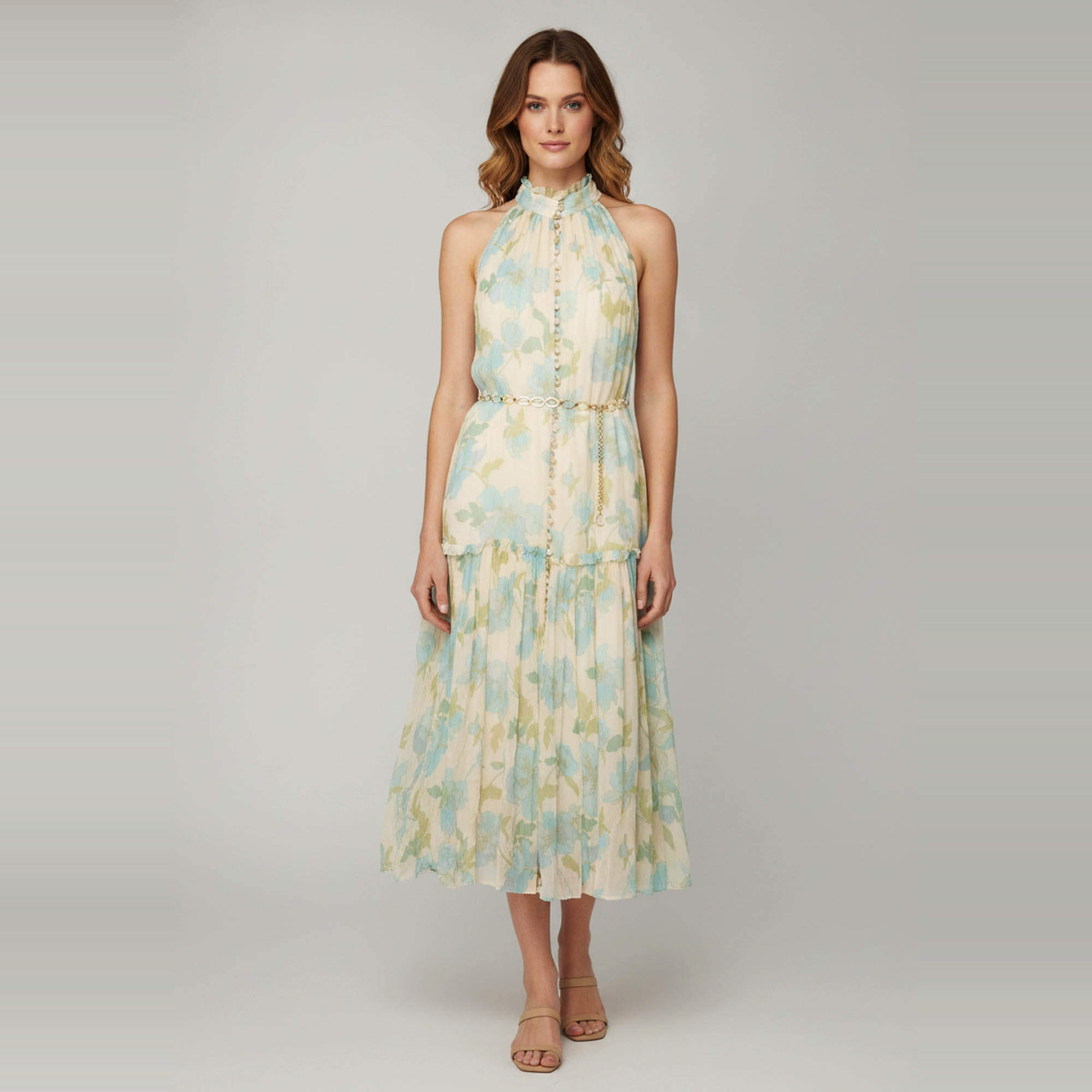 Pre Owned Zimmermann Multicolor Floral Printed Chiffon Halter Neck Midi Dress M