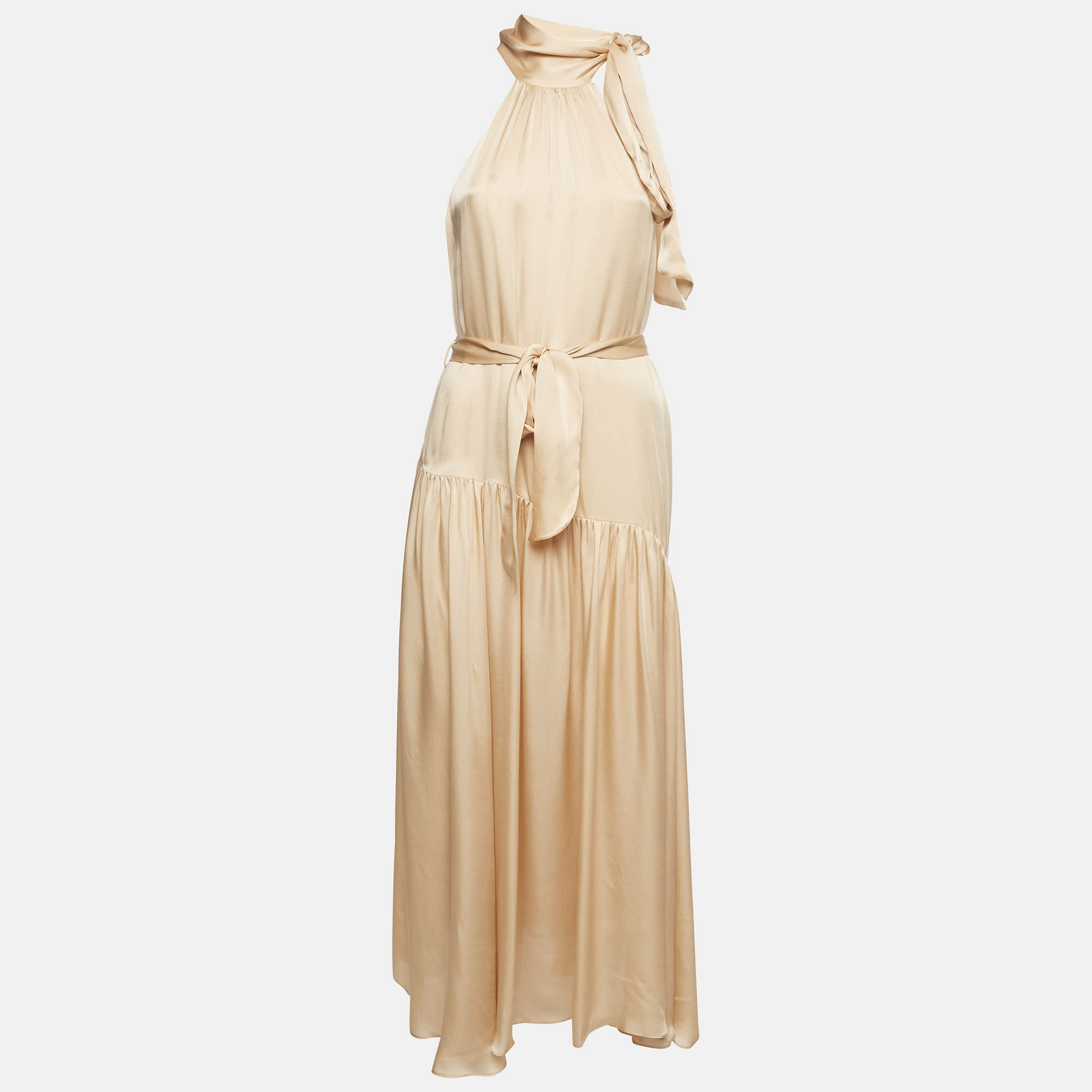 Pre Owned Zimmermann Beige Satin Tie-Neck Halter Maxi Dress M