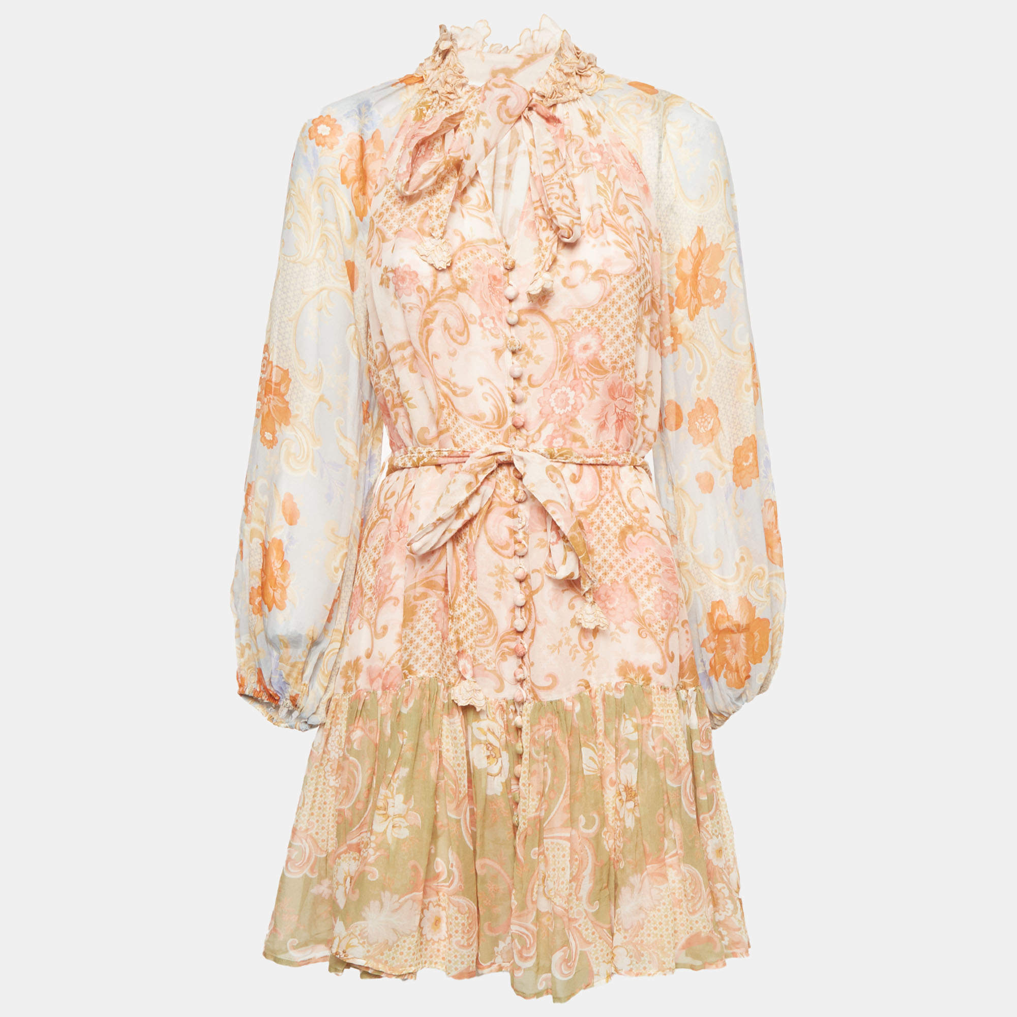 Pre Owned Zimmermann Pink Floral Print Chiffon Postcard Mini Dress S