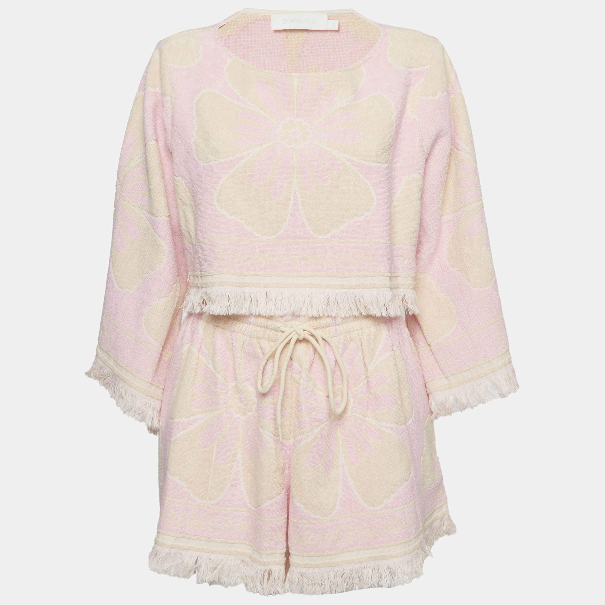 Pre Owned Zimmermann Pink Pop Flora Terry Fringe Trim Top and Short Set L 