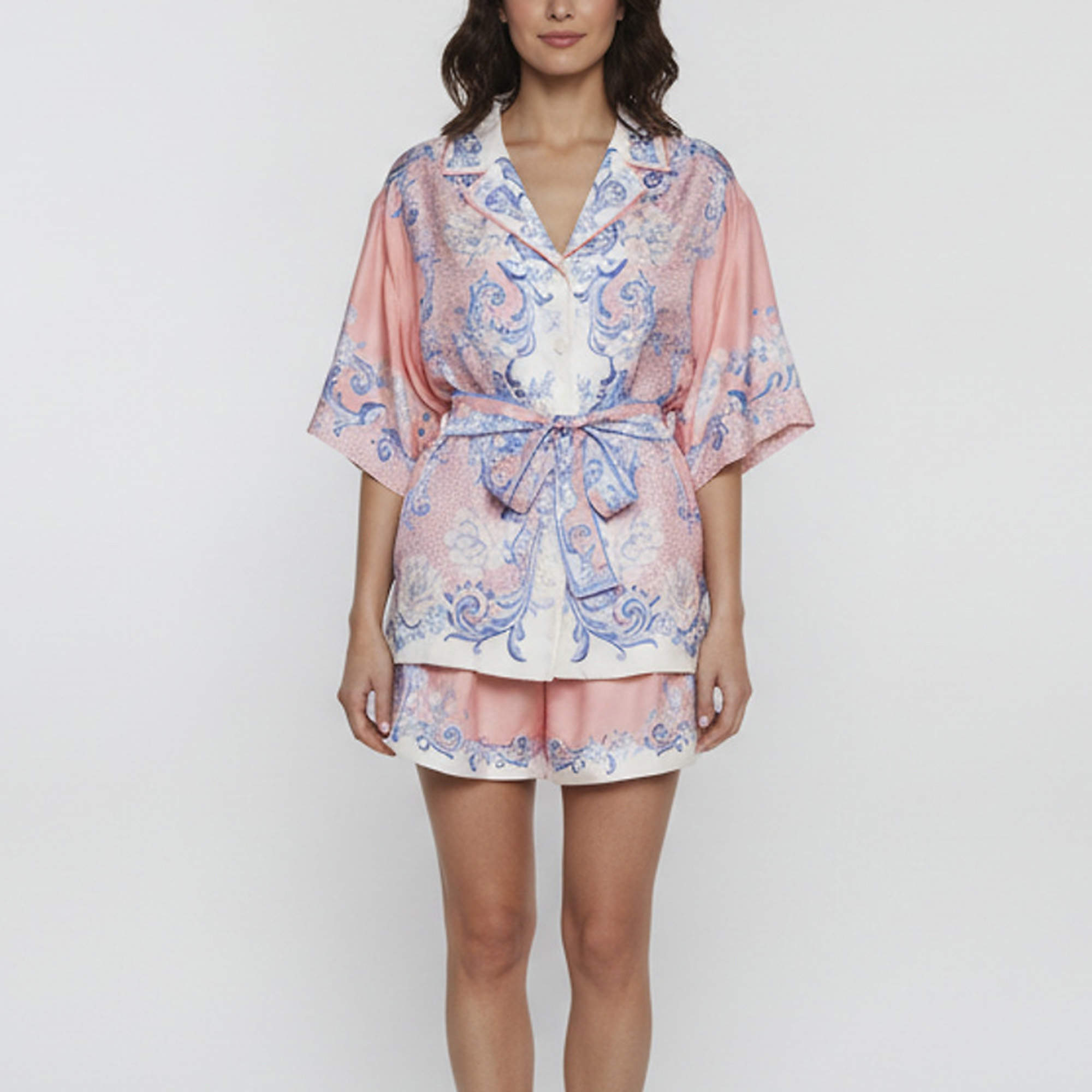 Pre Owned Zimmermann Pink Floral Print Silk Postcard Belted Shirt and Shorts Set L
