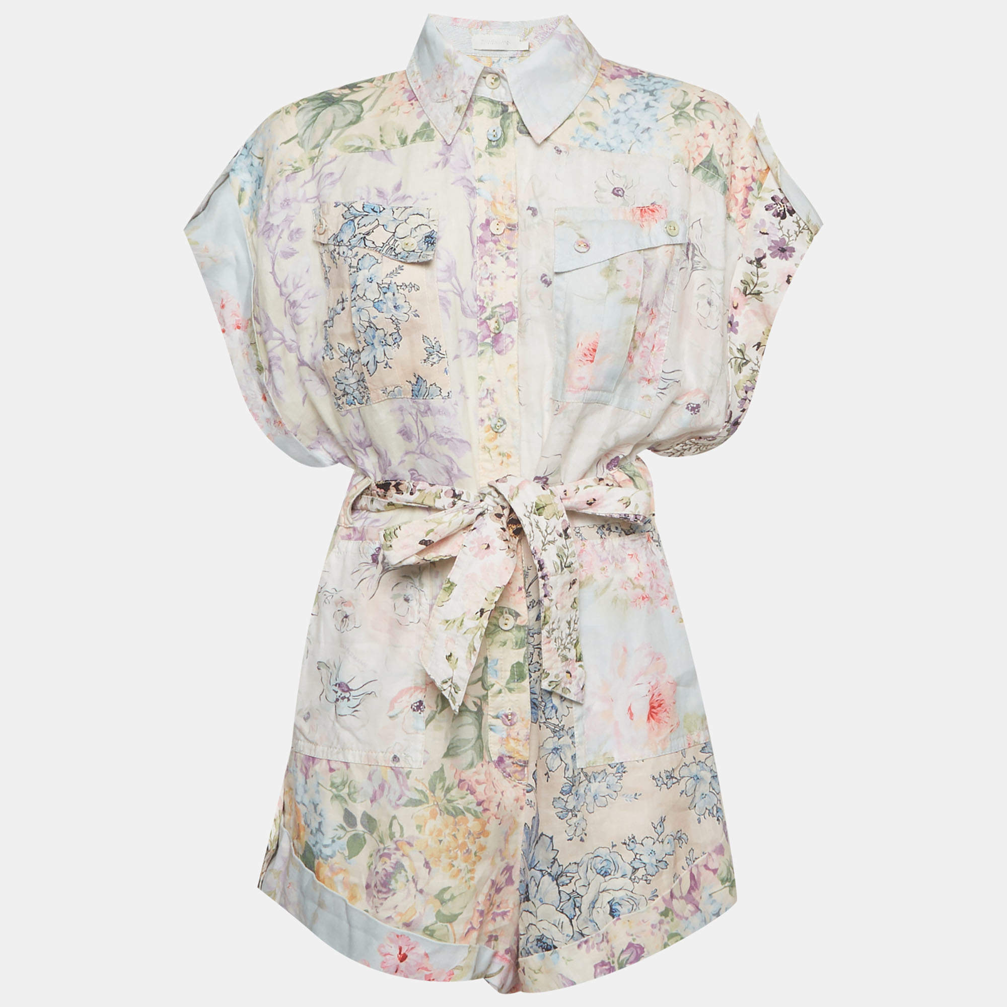 م ملوكة مسبقًا Zimmermann Multicolor Floral Print Linen Belted Haliday Playsuit M 