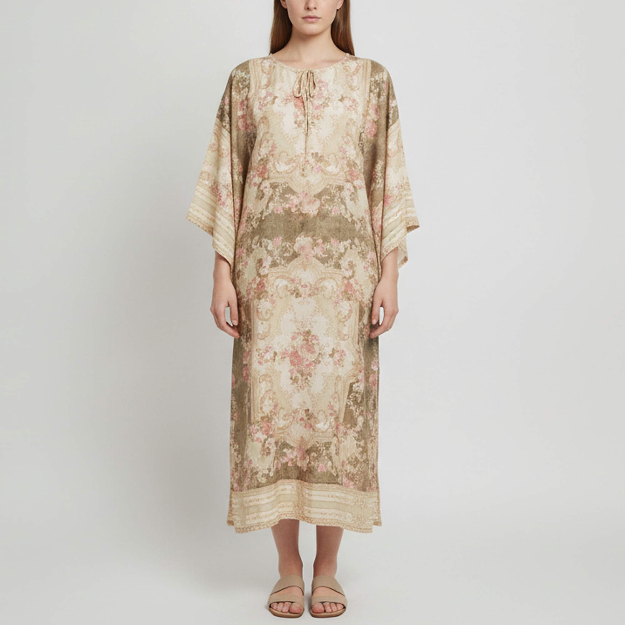 Pre Owned Zimmermann Green Floral Print Linen August Kaftan Midi Dress S