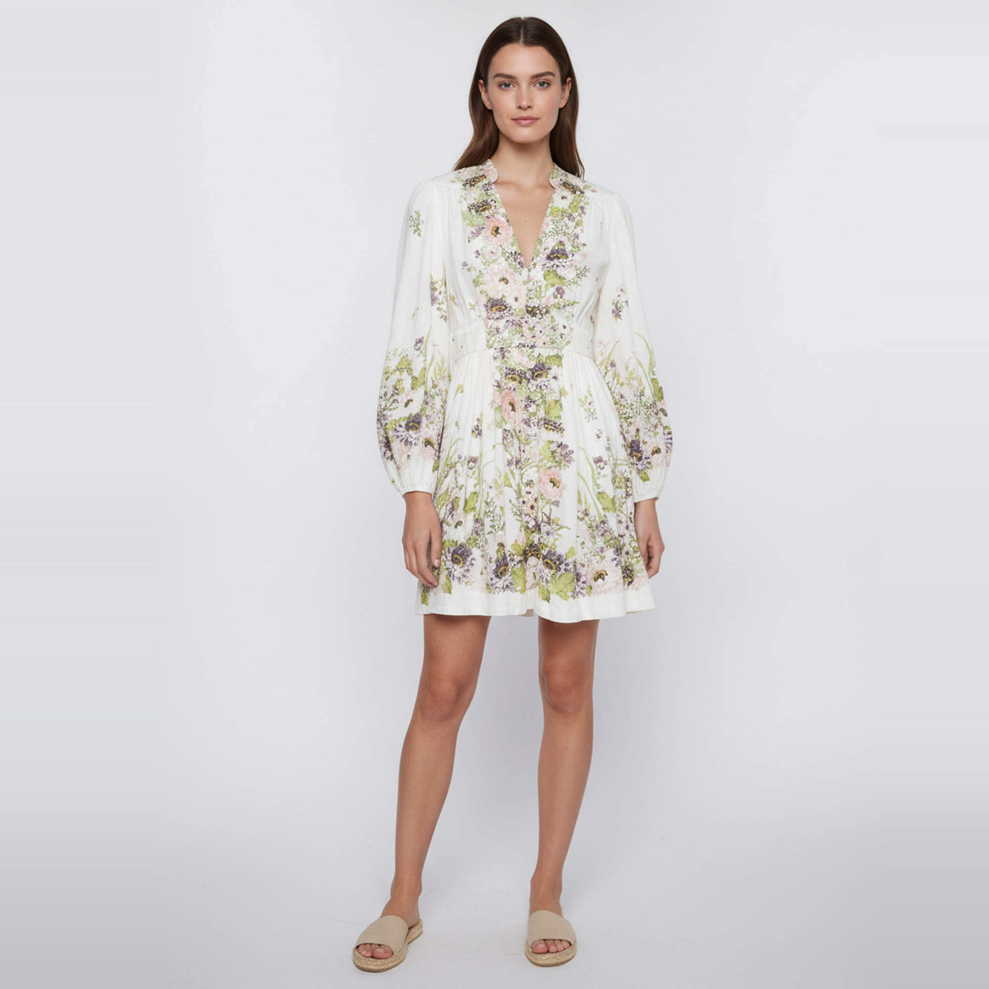 Pre Owned Zimmermann Pink Floral Print Linen Plunge Neck Halliday Mini Dress L 