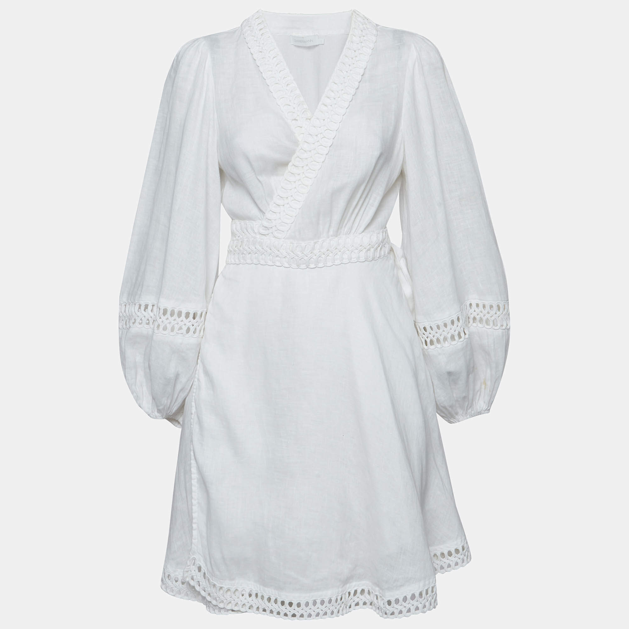Pre Owned Zimmermann White Lace Insert Linen Bells Mini Dress M