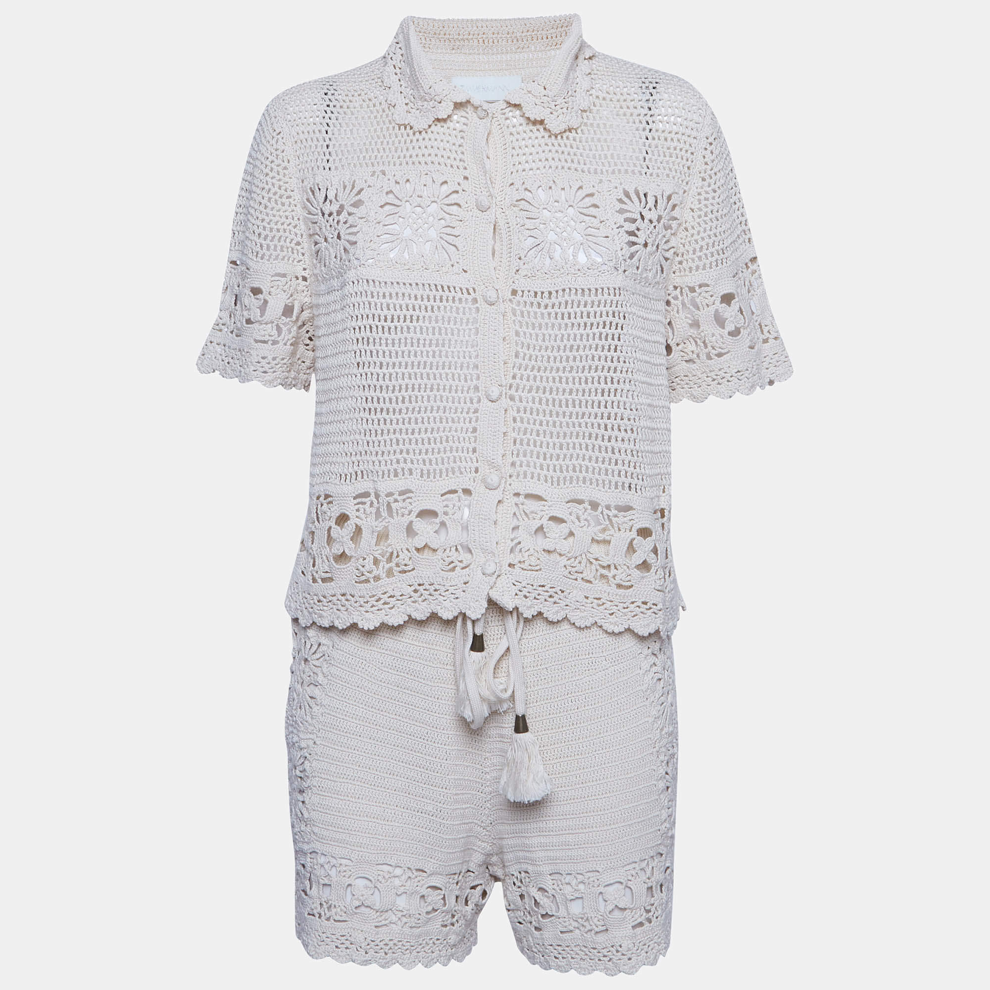 Pre Owned Zimmermann Beige Crochet Chintz Top and Shorts Set L