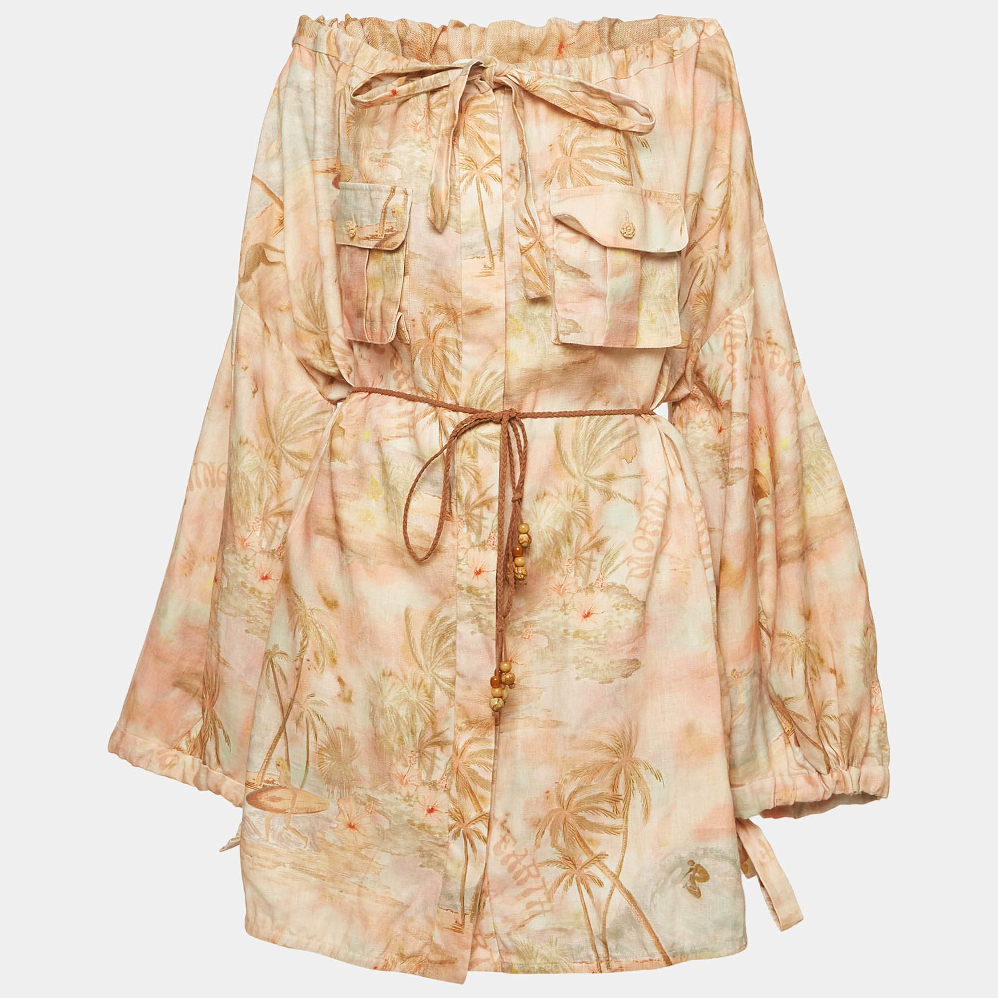Pre Owned Zimmermann Pink Guava Paradise Print Linen Illuminate Mini Dress M