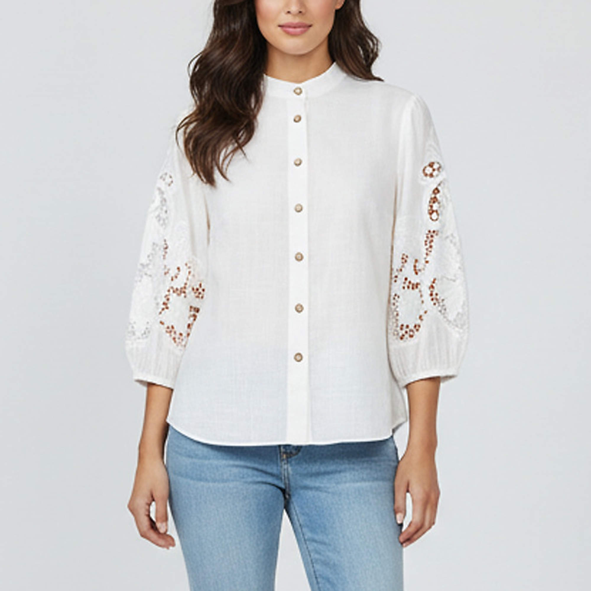 Pre Owned Zimmermann White Embroidered Cotton Button Up Blouse M