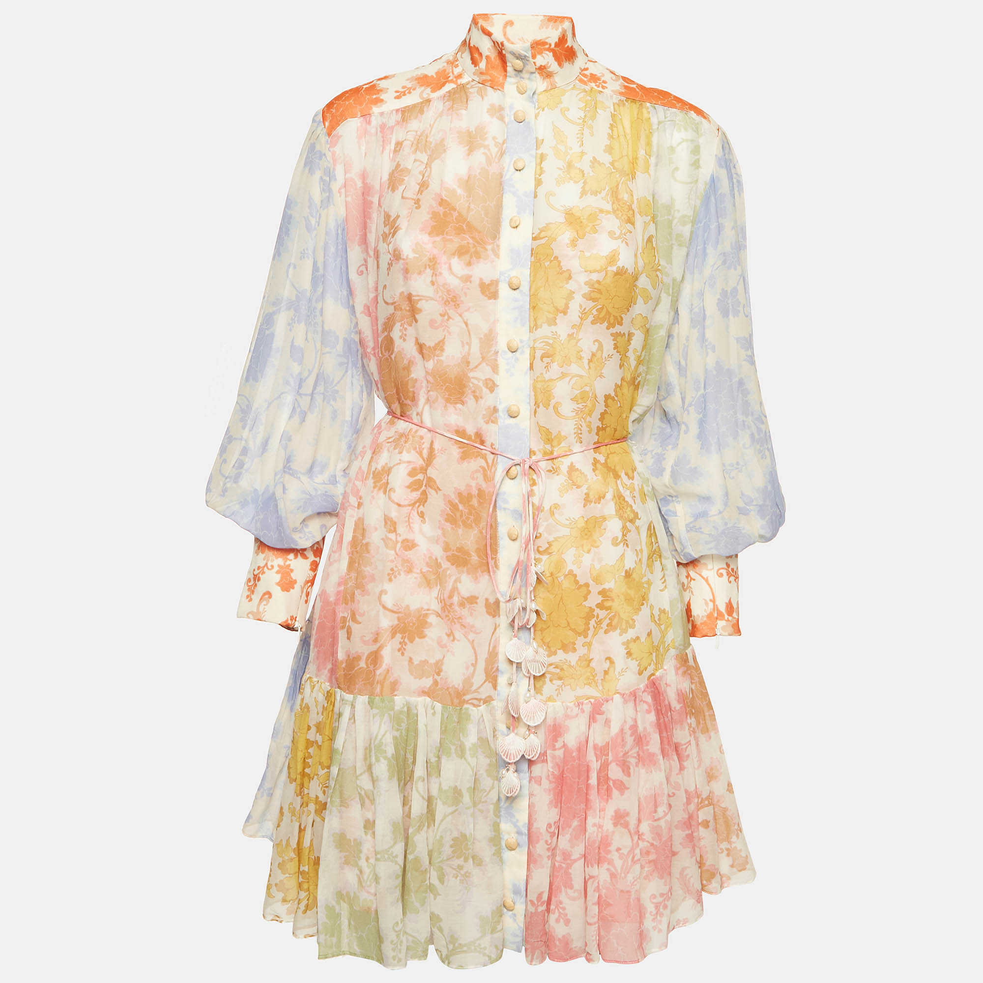 Pre Owned Zimmermann Multicolour Floral Print Chiffon Postcard Lantern Mini Dress M
