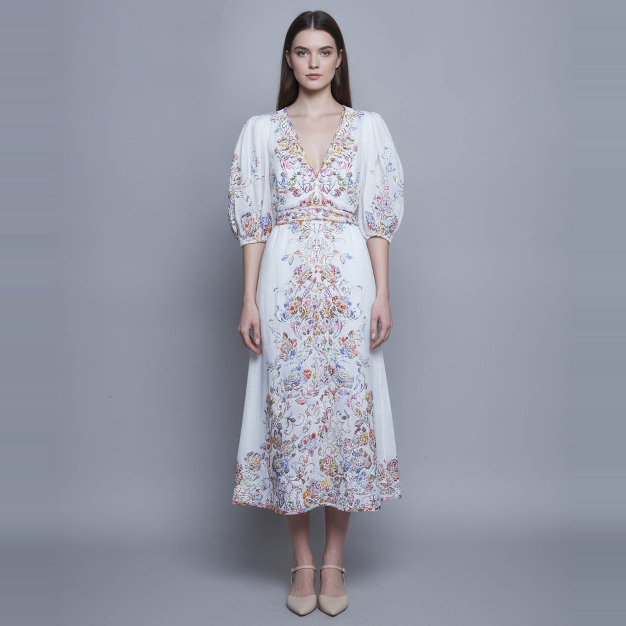 Pre Owned Zimmermann White Floral Print Linen Prima Day Midi Dress L