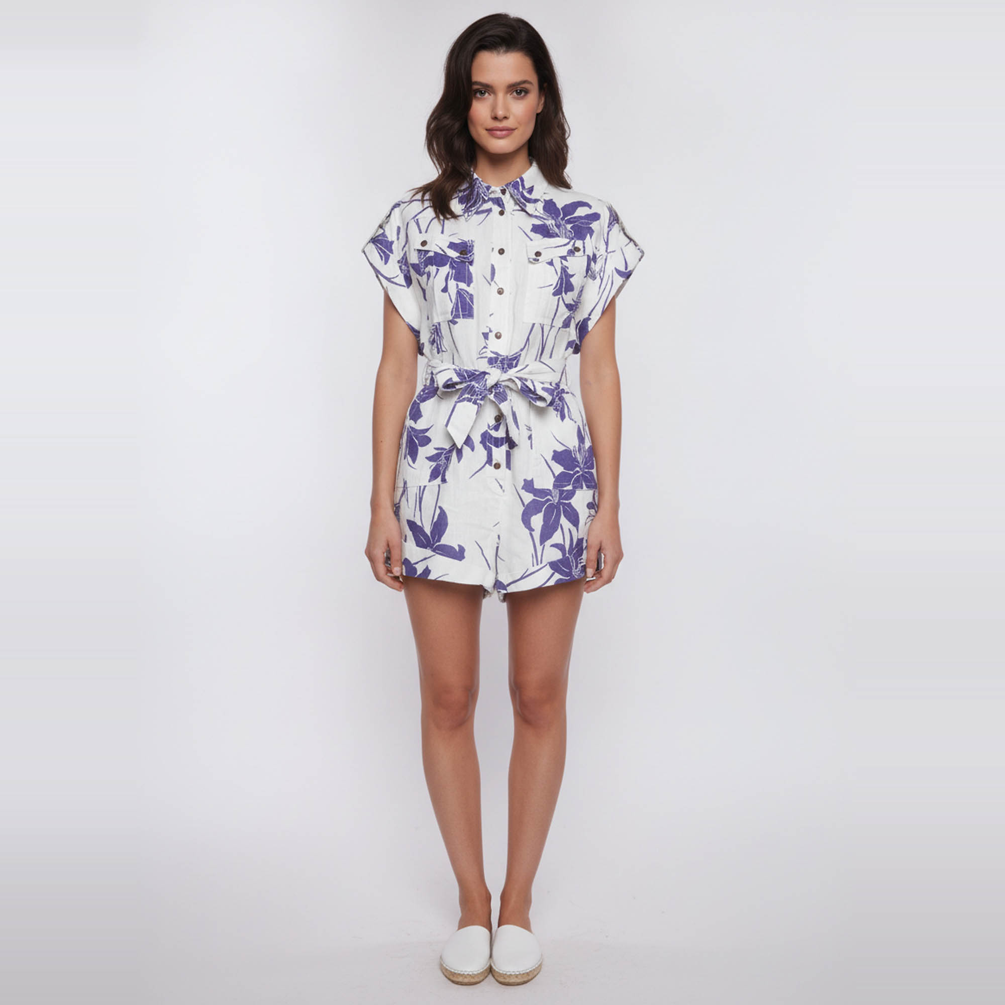 Pre Owned Zimmermann White Floral Print Linen Acadian Cuffed Playsuit M