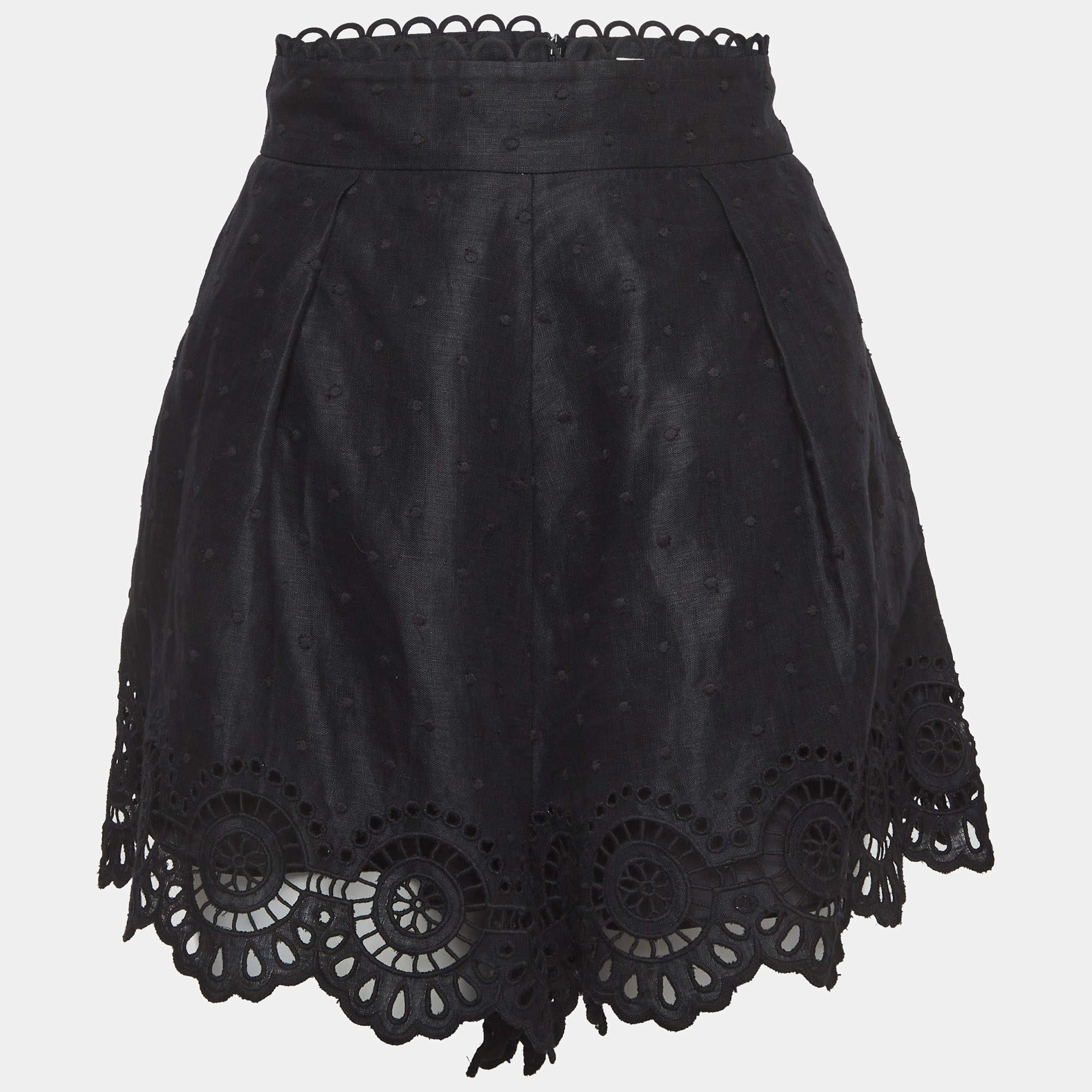Pre Owned Zimmermann Black Linen Broderie Anglaise Bellitude Scallop Shorts L