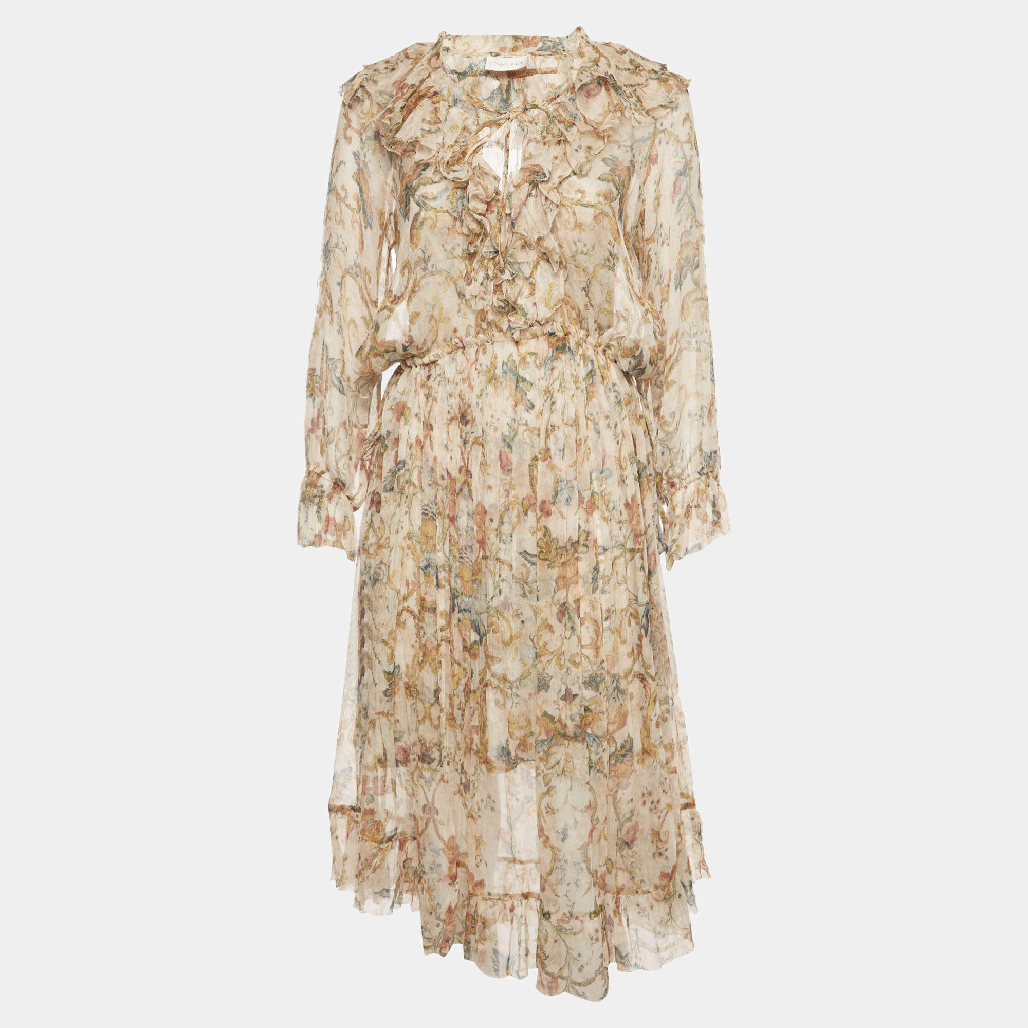 مملوكة مسبقًا Zimmermann Cream Floral Print Silk Chiffon Ruffled Midi Dress S
