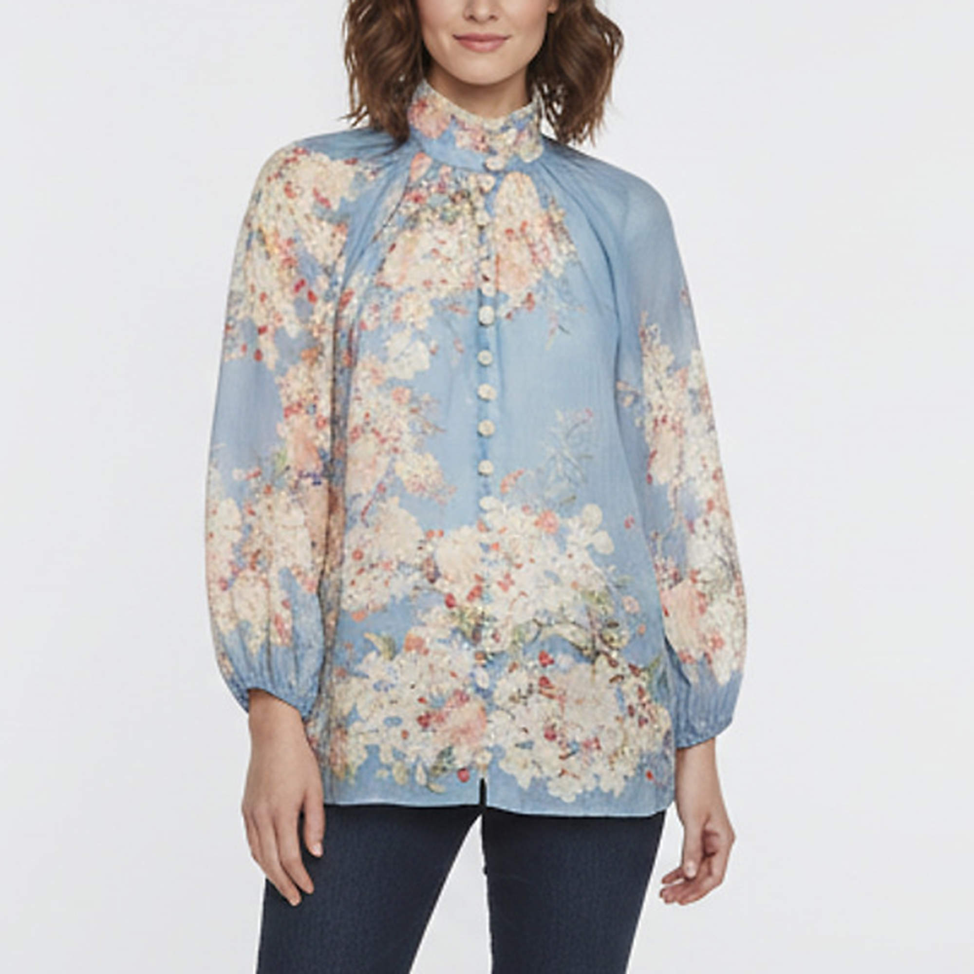 Pre Owned Zimmermann Blue Floral Printed Ramie Cascadian Top M