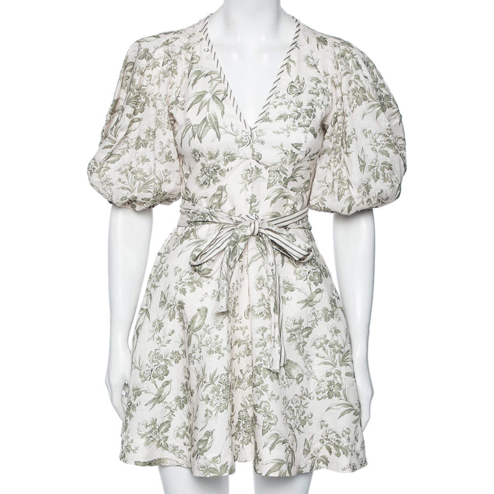 Pre Owned Zimmermann Off-White & Green Bird Print Linen Puffed Sleeve Dress XS