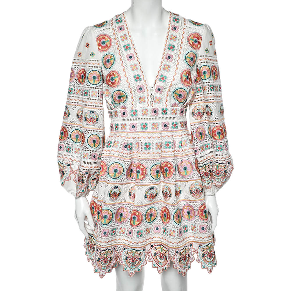 Pre Owned Zimmermann Multicolour Embroidered Cotton Pleated Plunge Dress S