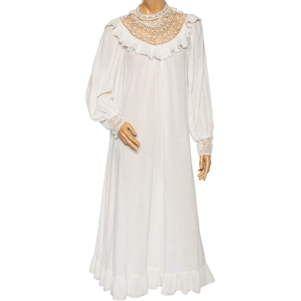 Pre Owned فستان زيمرمان دانتيل وقطن أبيض حافة مزينة منفوشة متوسطة الطول مقاس متوسط (ميديوم)