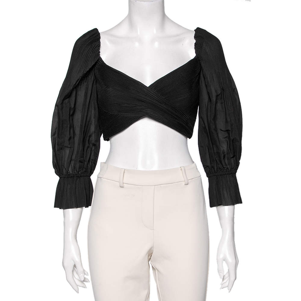 Pre Owned Zimmermann Black Mesh Plissé Pleated Balloon Sleeve Crop Top M
