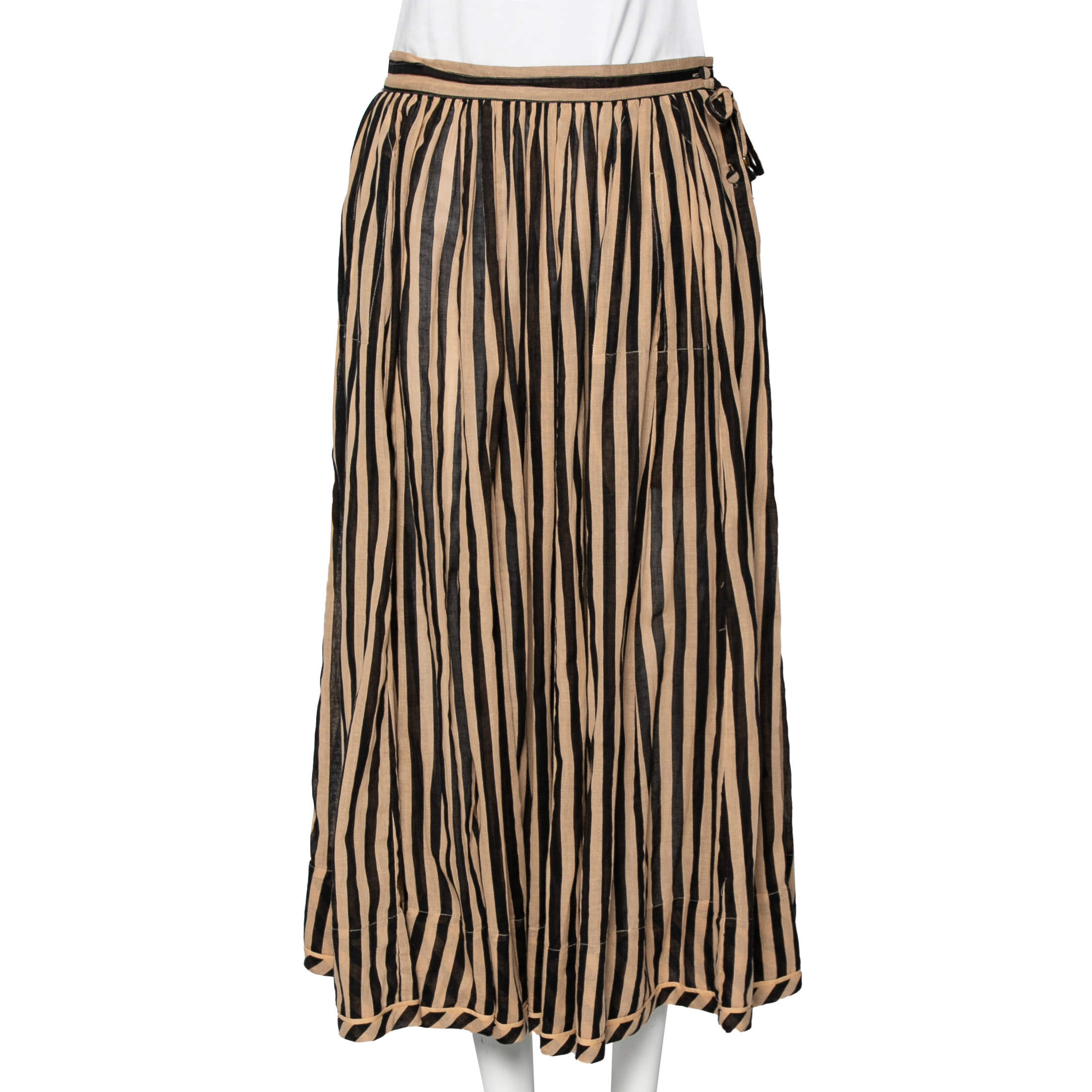 Pre Owned Zimmermann Beige & Black Striped Cotton Midi Skirt S