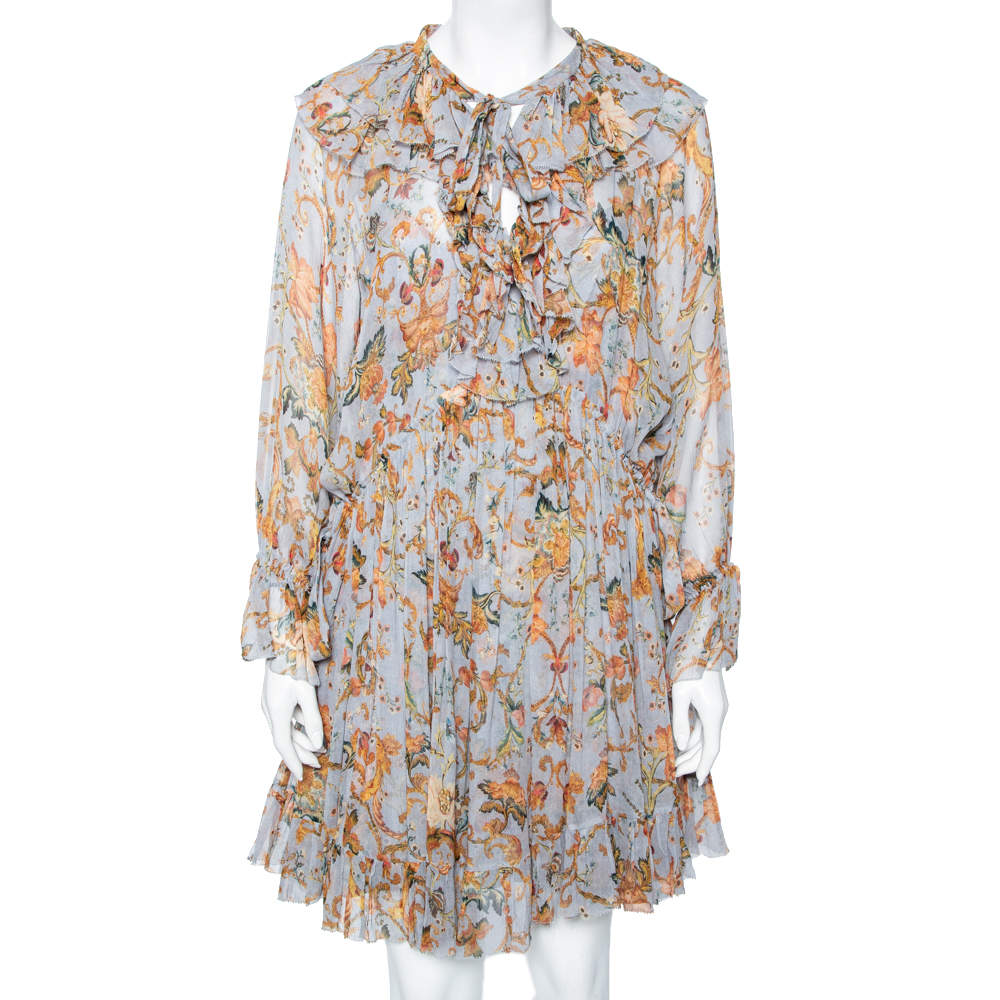Pre Owned Zimmermann Grey Floral Printed Ruffled Trim Detailed Dress M