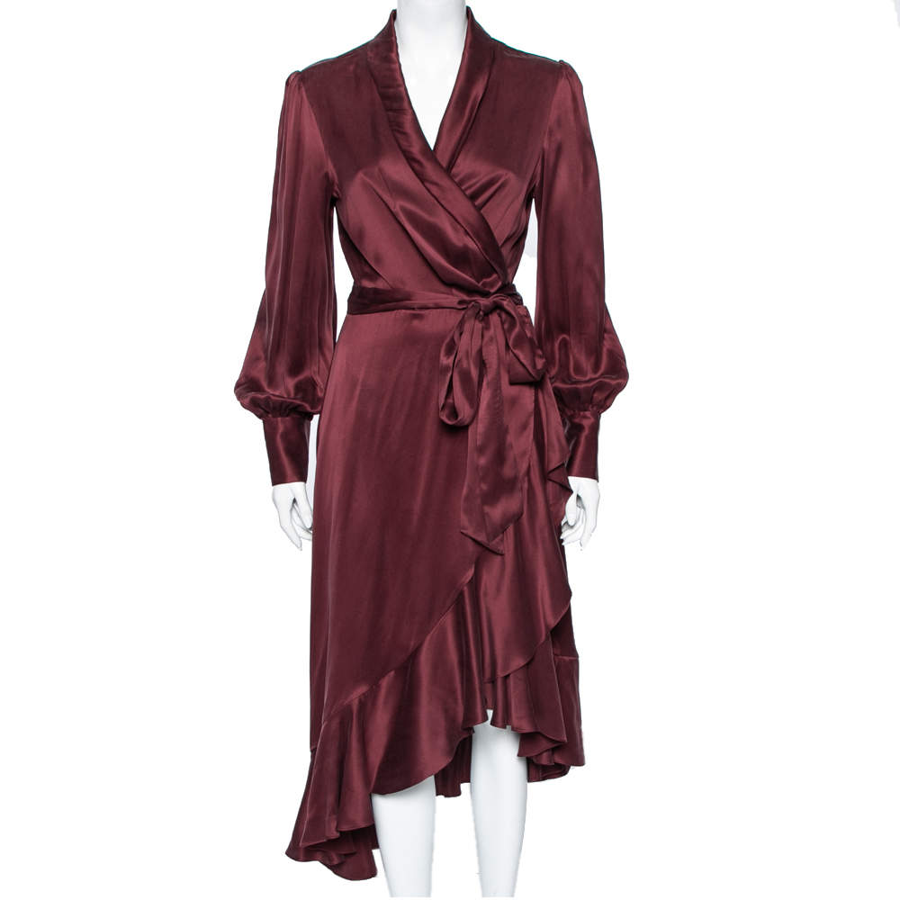 Pre Owned Zimmermann Burgundy Silk Ruffled Asymmetrical Wrap Dress L