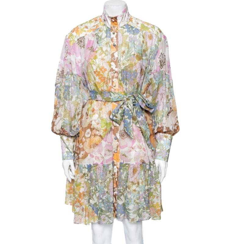 Pre Owned Zimmermann Multicolored Floral Printed Cotton & Silk Belted Dress L
