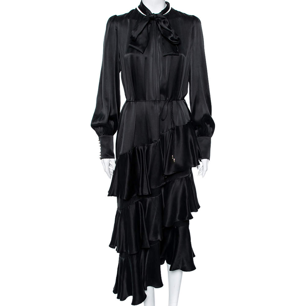 Pre Owned Zimmermann Black Silk Stain Ruffle Tiered Belted Dress L