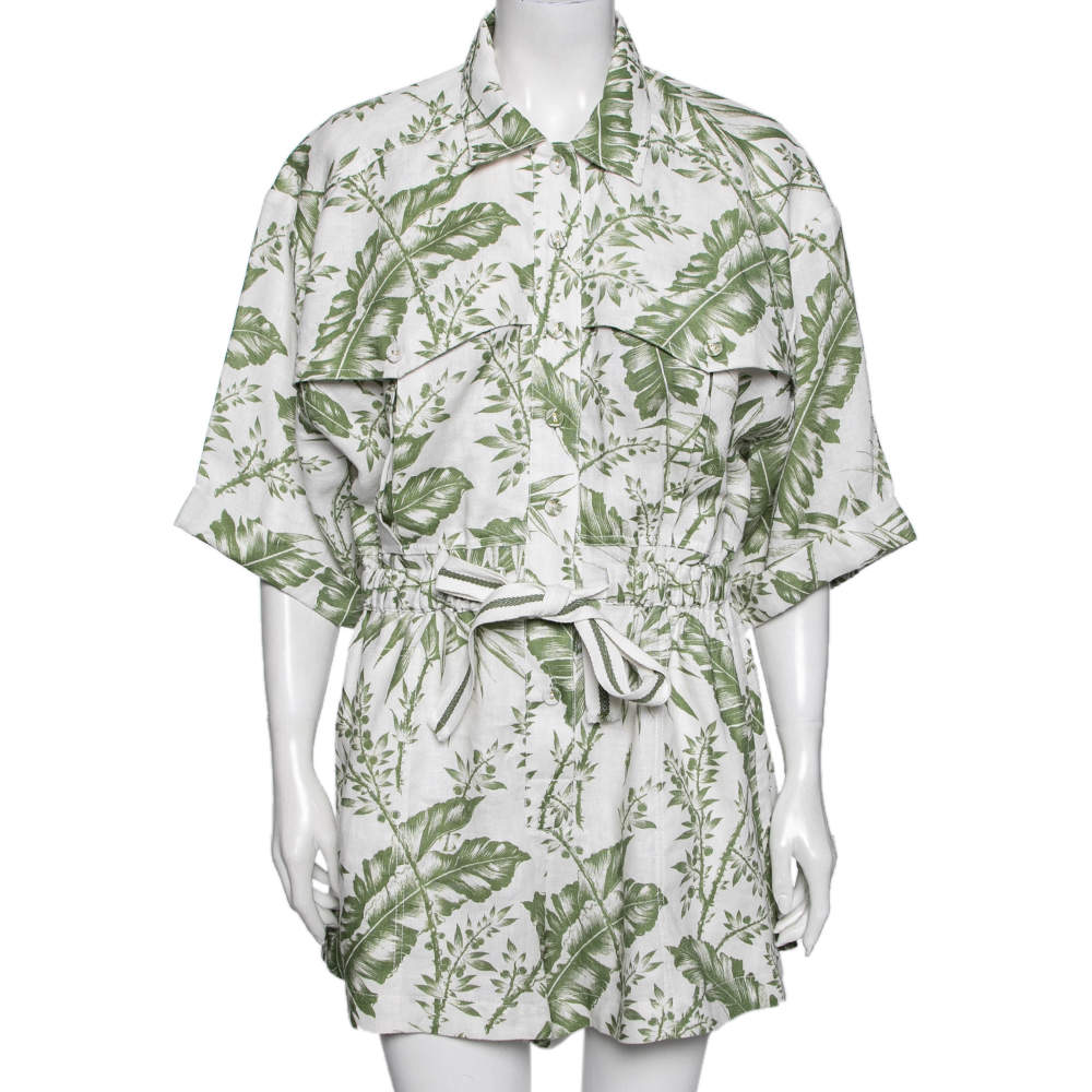 Pre Owned Zimmermann White/Green Empire Leaf Print Cotton Playsuit XL