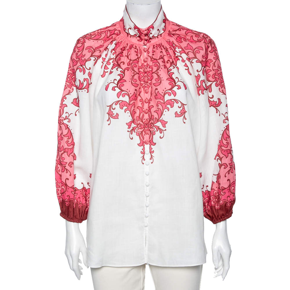 Pre Owned Zimmermann White and Pink Nina Printed Ramie Blouson Sleeves Blouse S