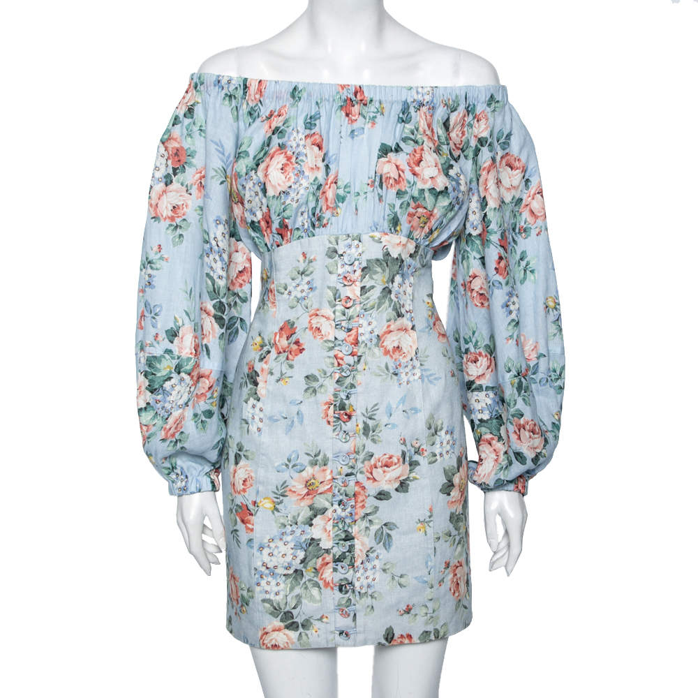 Zimmermann Blue Floral Printed Cotton Bowie Off Shoulder Dress S ...