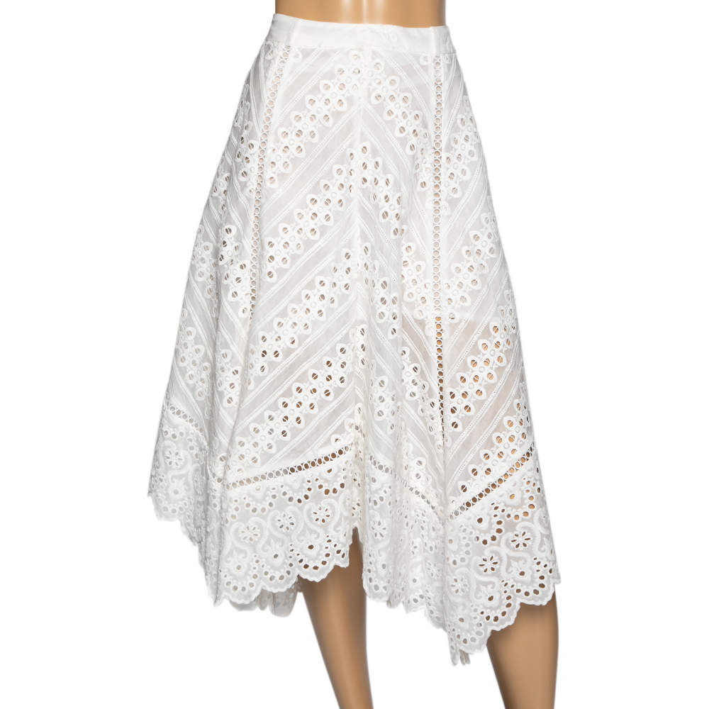 Pre Owned Zimmermann White Embroidered Eyelet Cotton Asymmetrical Gemma Skirt M 