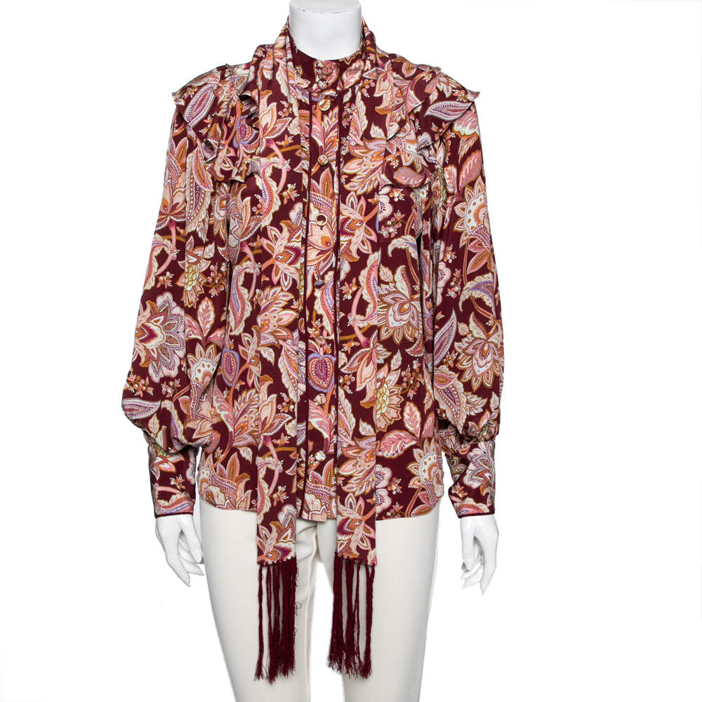 Pre Owned Zimmermann Burgundy Printed Silk Tie Neck Ruffled Blouse XS