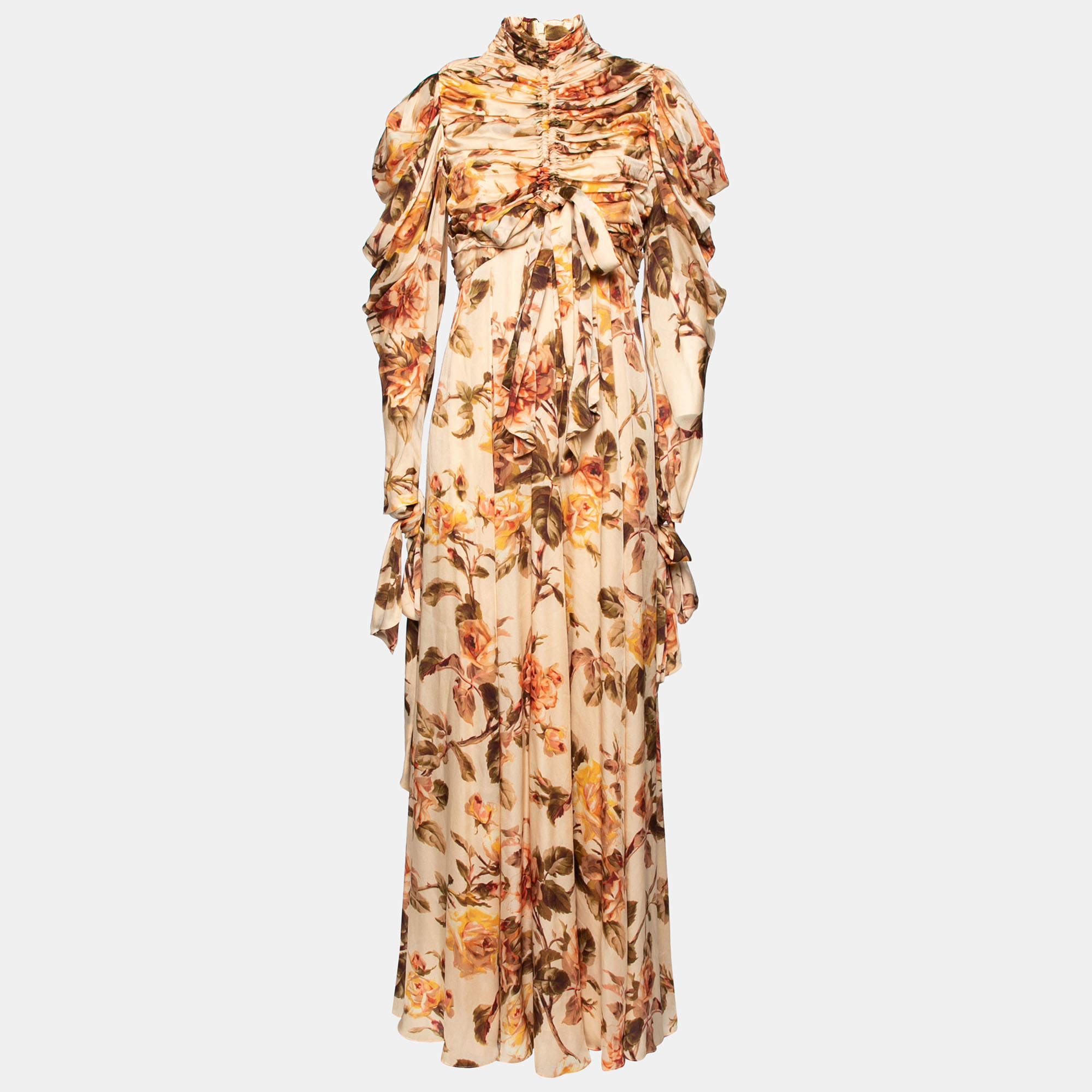 Pre Owned Zimmermann Beige Floral Printed Silk Ruched and Draped Detail Mock Neck Maxi Dress S