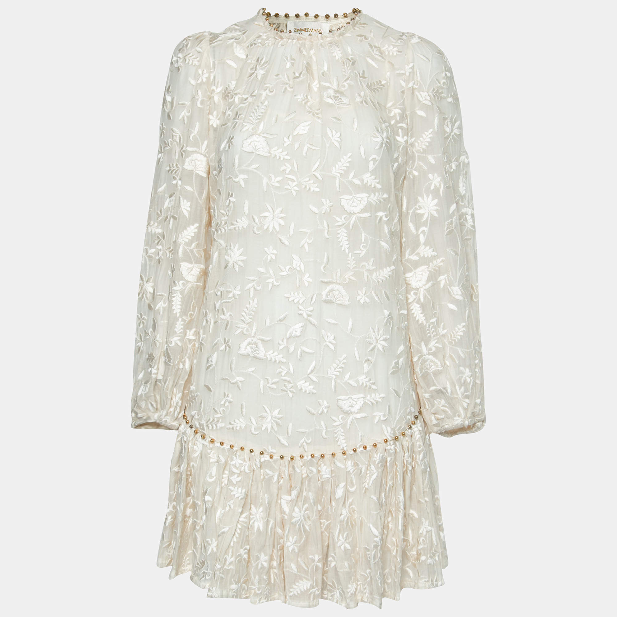 مملوكة مسبقًا Zimmermann Cream Embroidered Cotton Long Sleeve Dress S