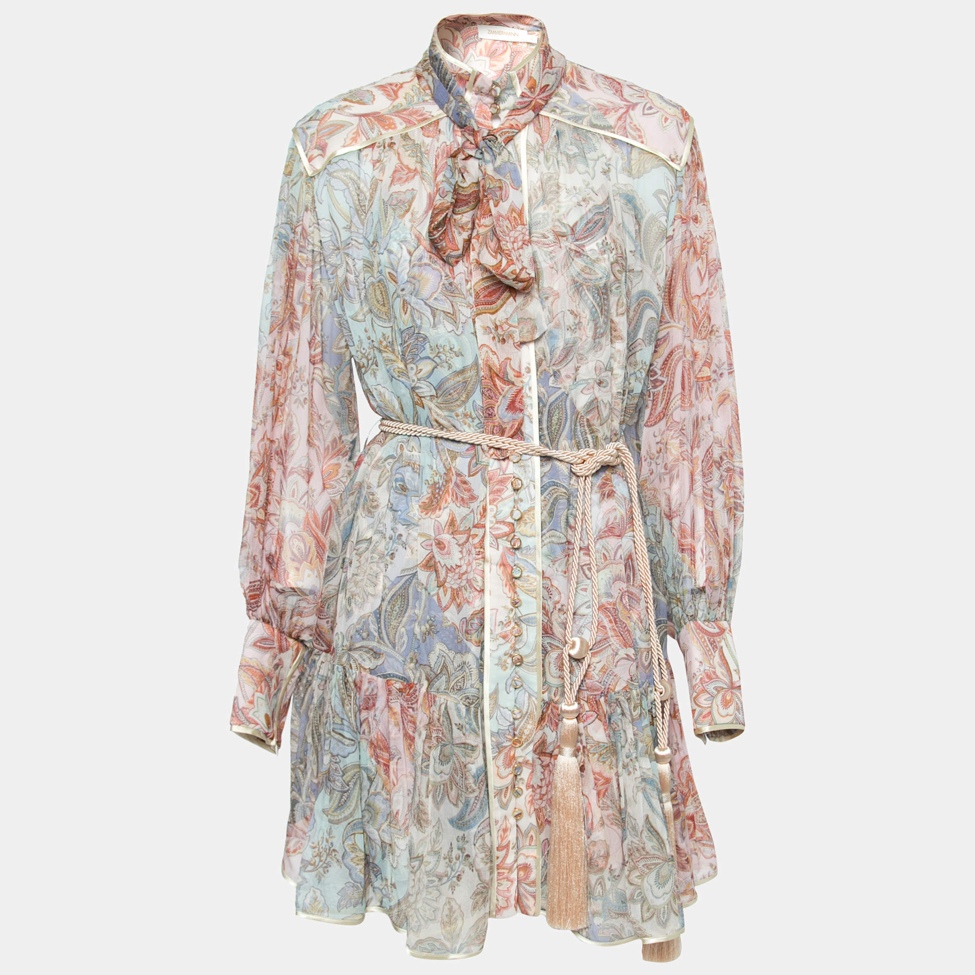 Pre Owned Zimmermann Multicolor Printed Silk Chiffon Belted Shirtdress L
